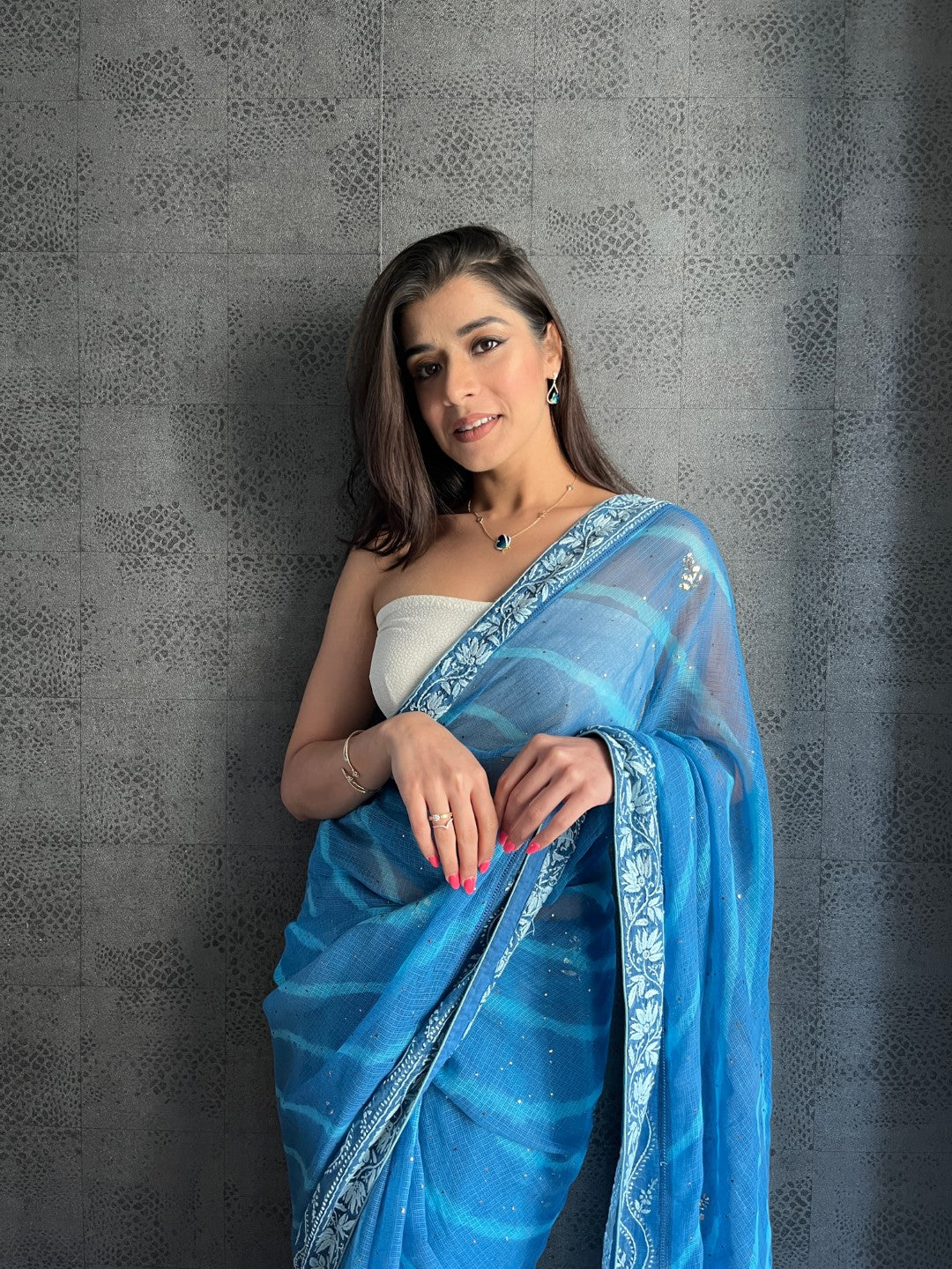 Sukhmani Gambhir in our Blue Chikankari leheriya saree