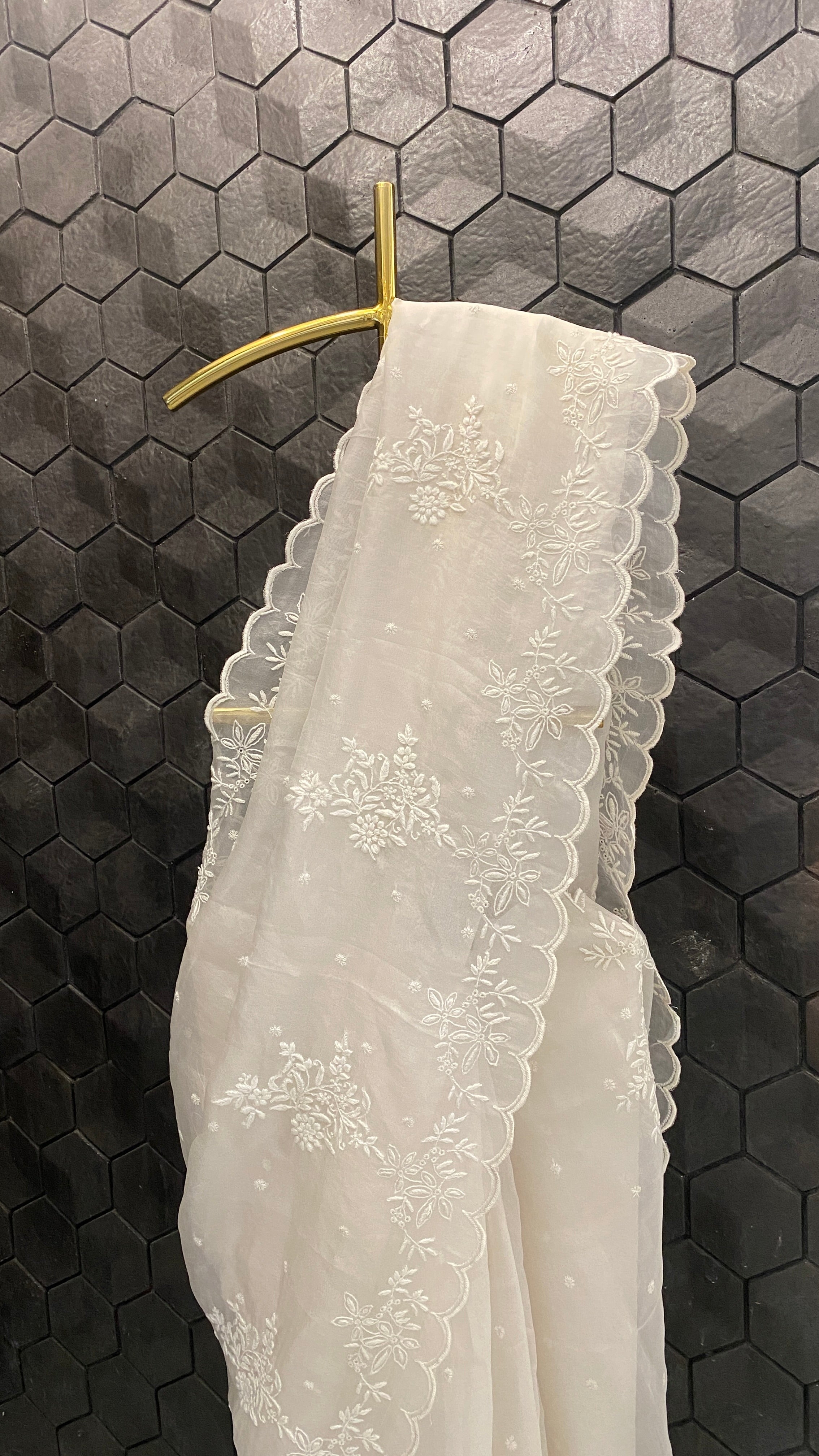 Kompal Matta in our Scallop Border White chikankari organza saree