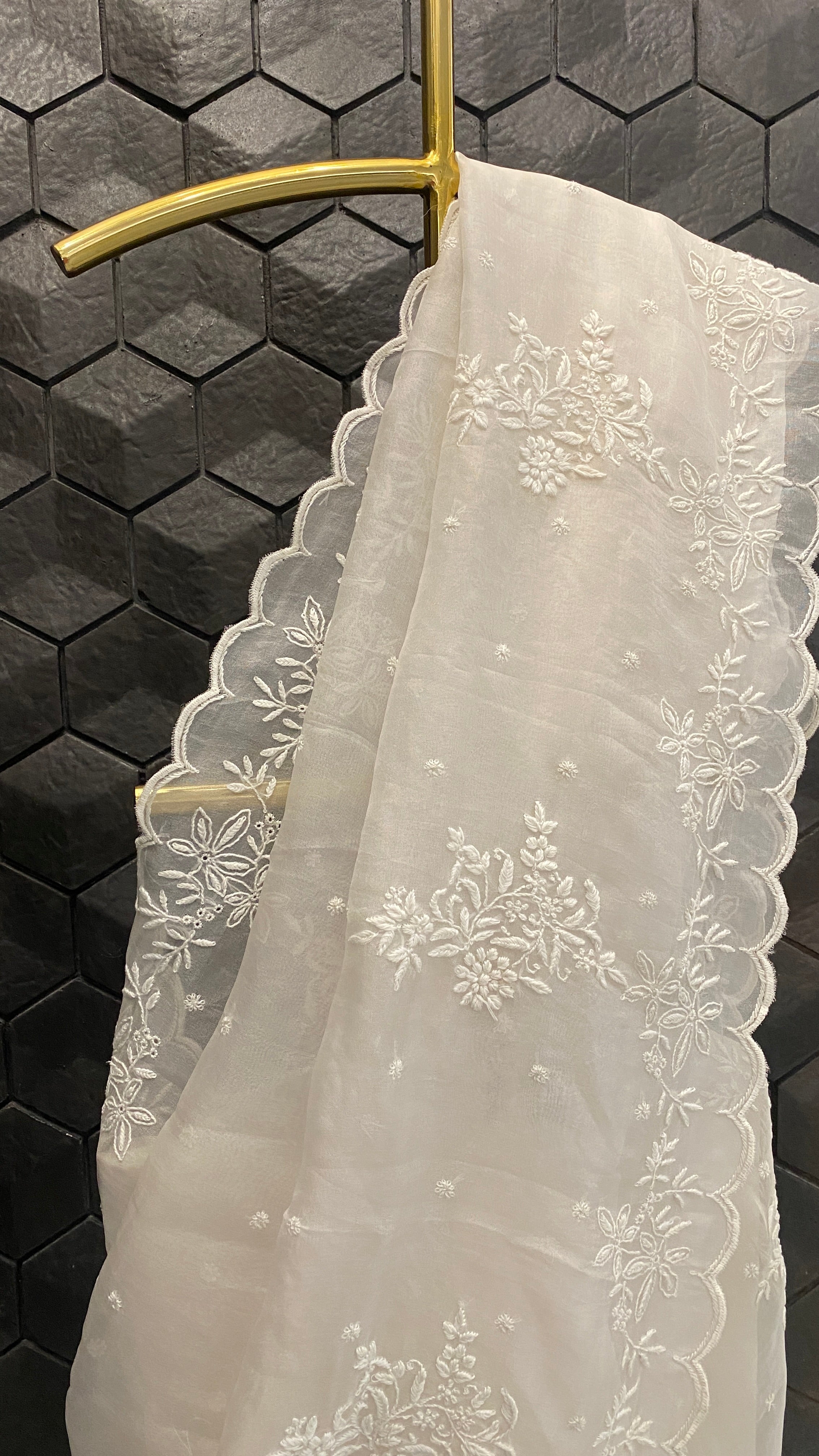 Kompal Matta in our Scallop Border White chikankari organza saree