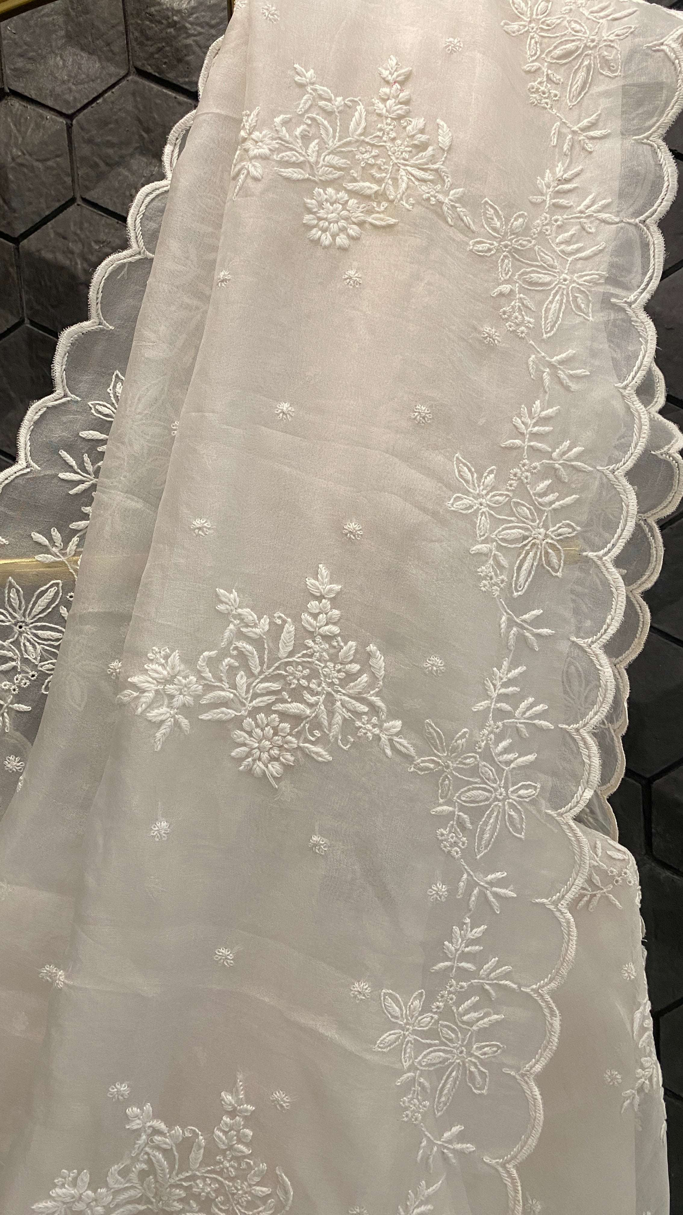 Kompal Matta in our Scallop Border White chikankari organza saree