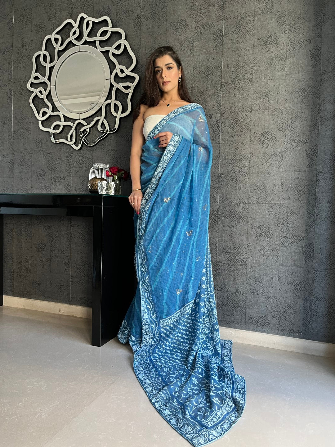 Sukhmani Gambhir in our Blue Chikankari leheriya saree