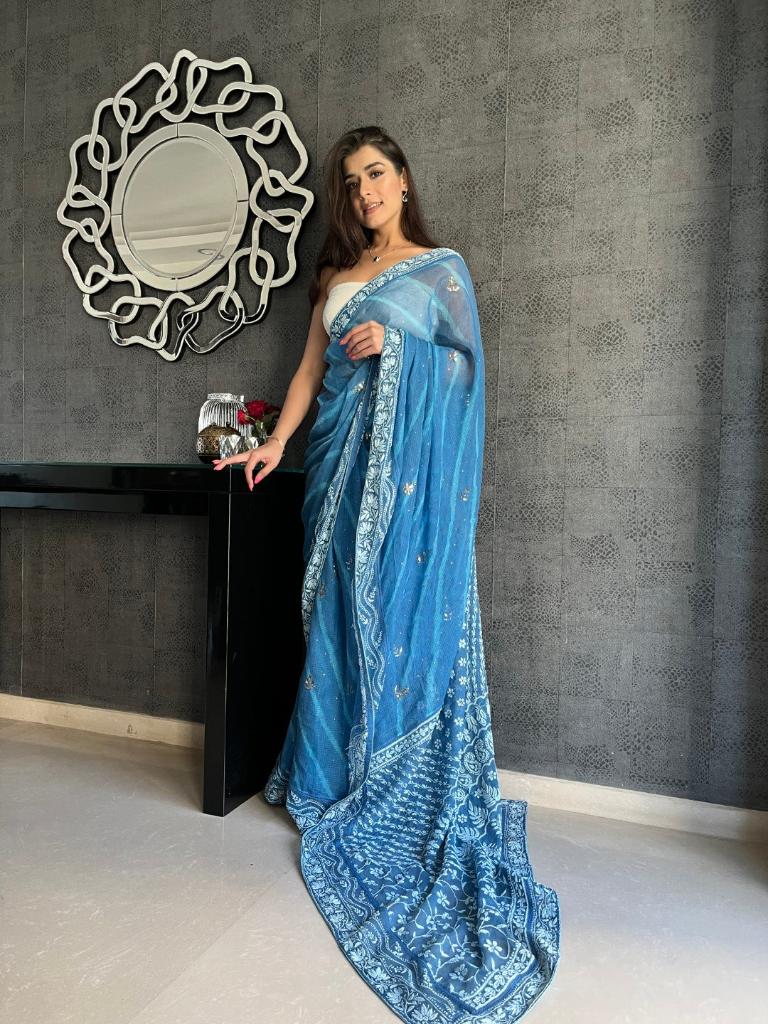 Sukhmani Gambhir in our Blue Chikankari leheriya saree