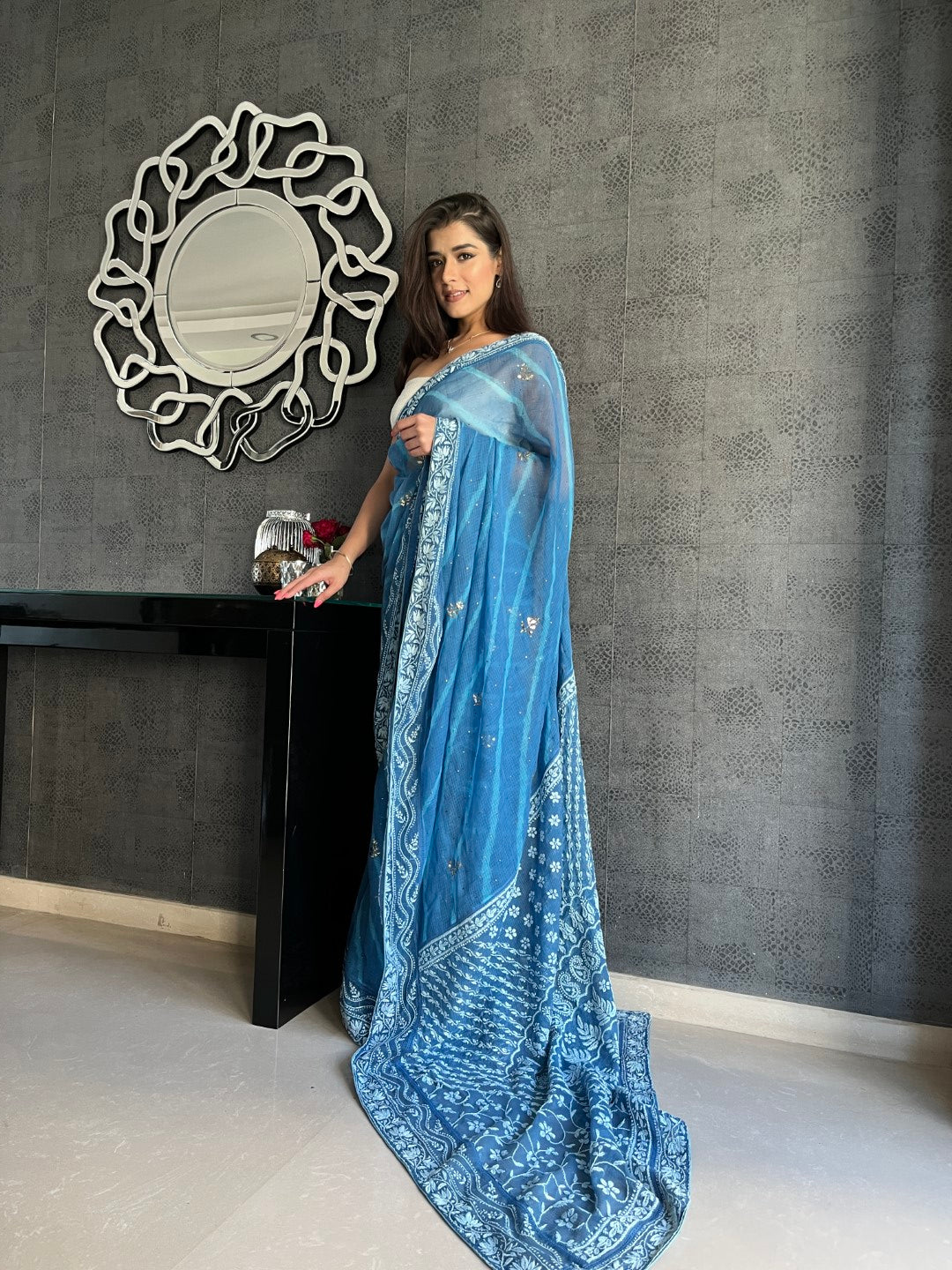 Sukhmani Gambhir in our Blue Chikankari leheriya saree