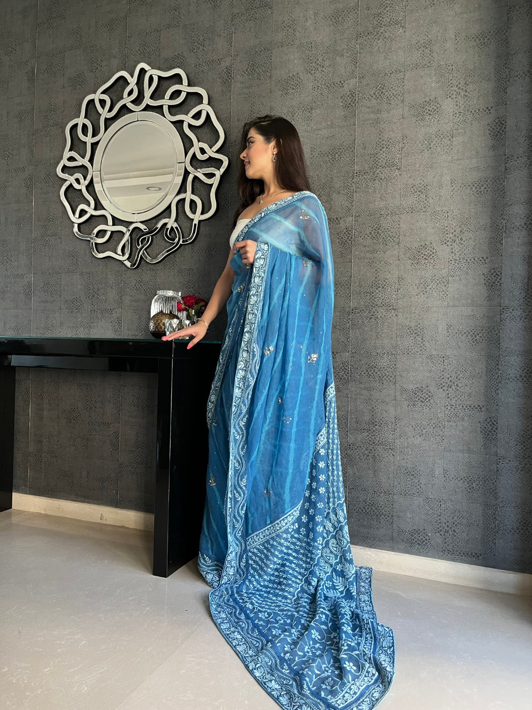 Sukhmani Gambhir in our Blue Chikankari leheriya saree