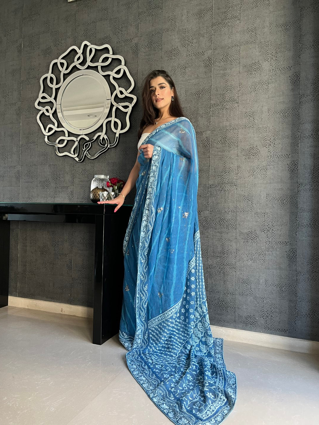 Sukhmani Gambhir in our Blue Chikankari leheriya saree