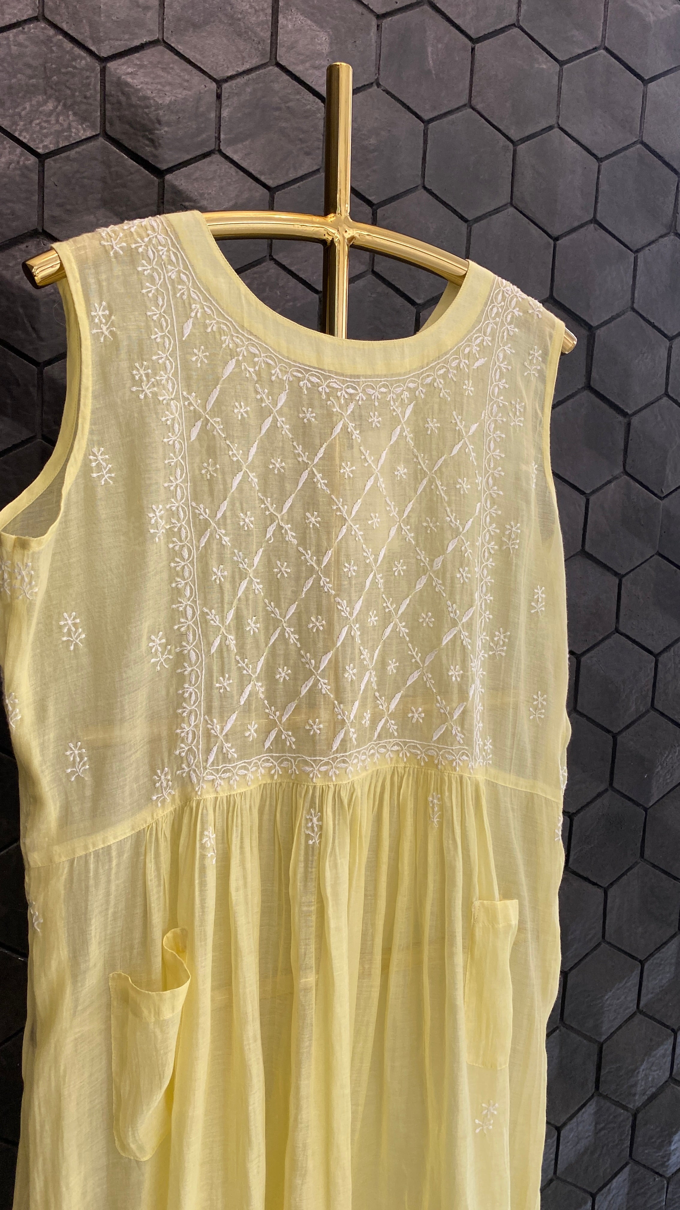 Yellow Mul Chanderi Sleeveless Dress