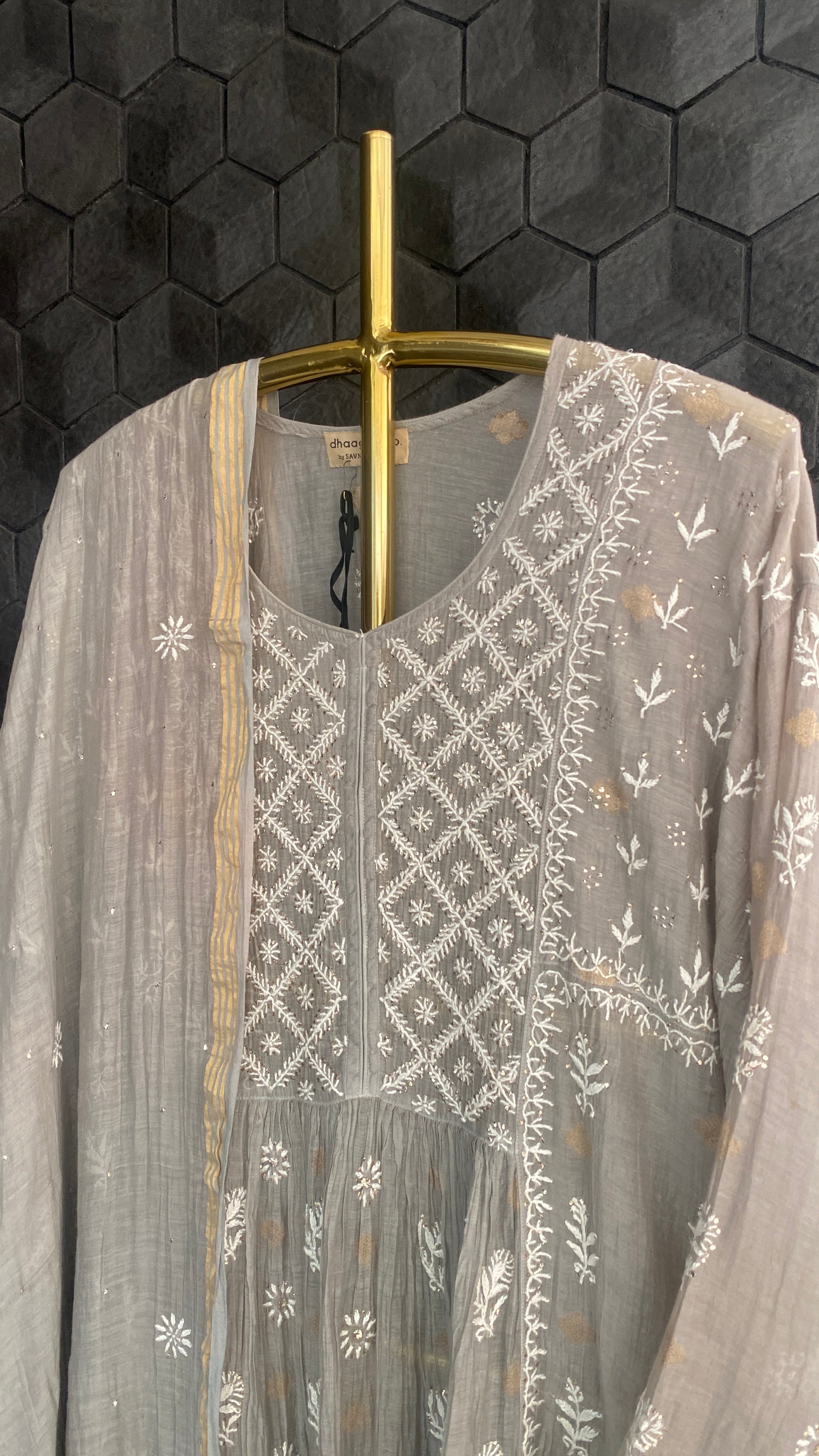 Grey Mul Chanderi Chikankari Suit Set