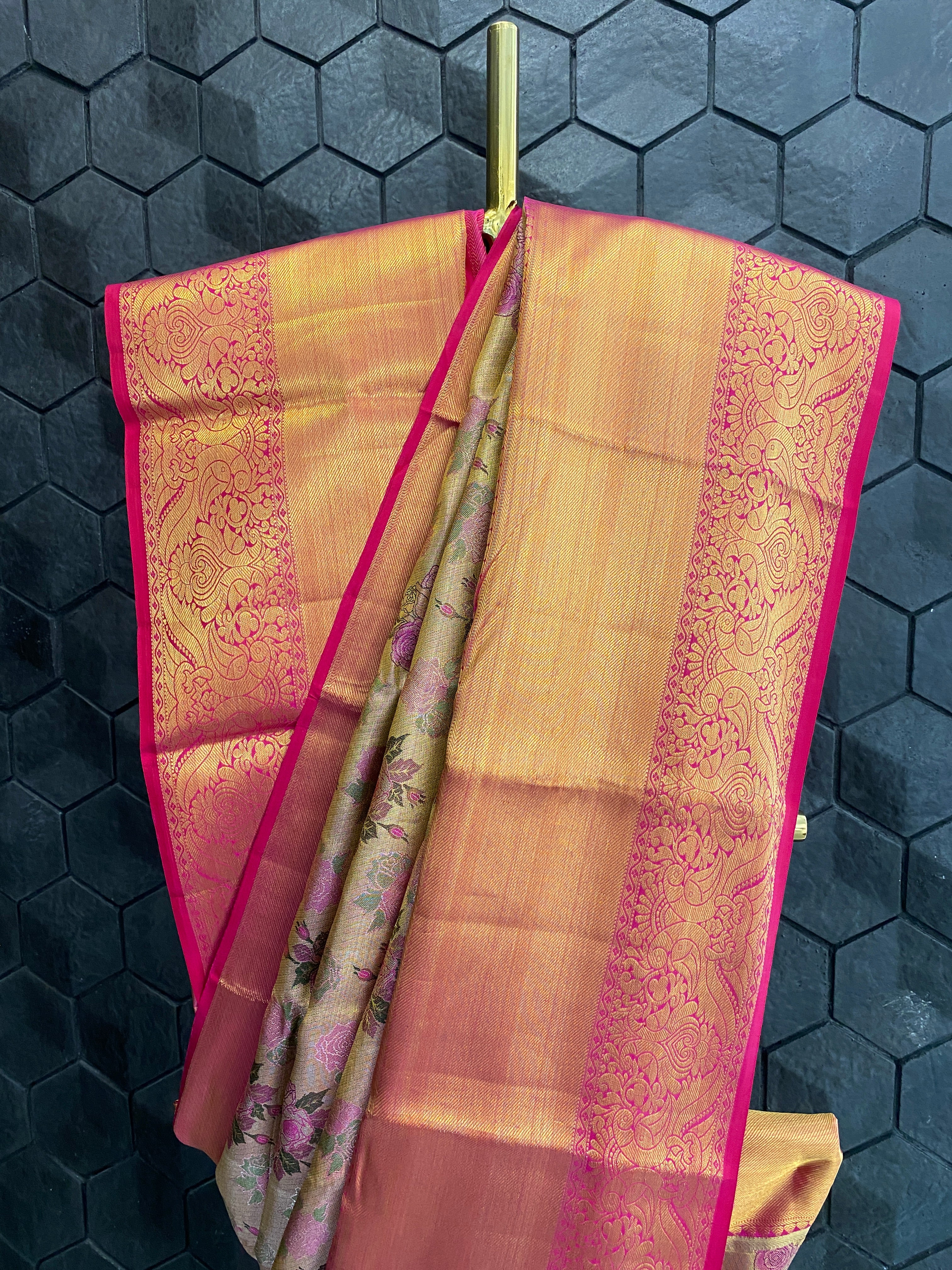 Pink Floral Silk Saree With Thick Gold Zari Border
