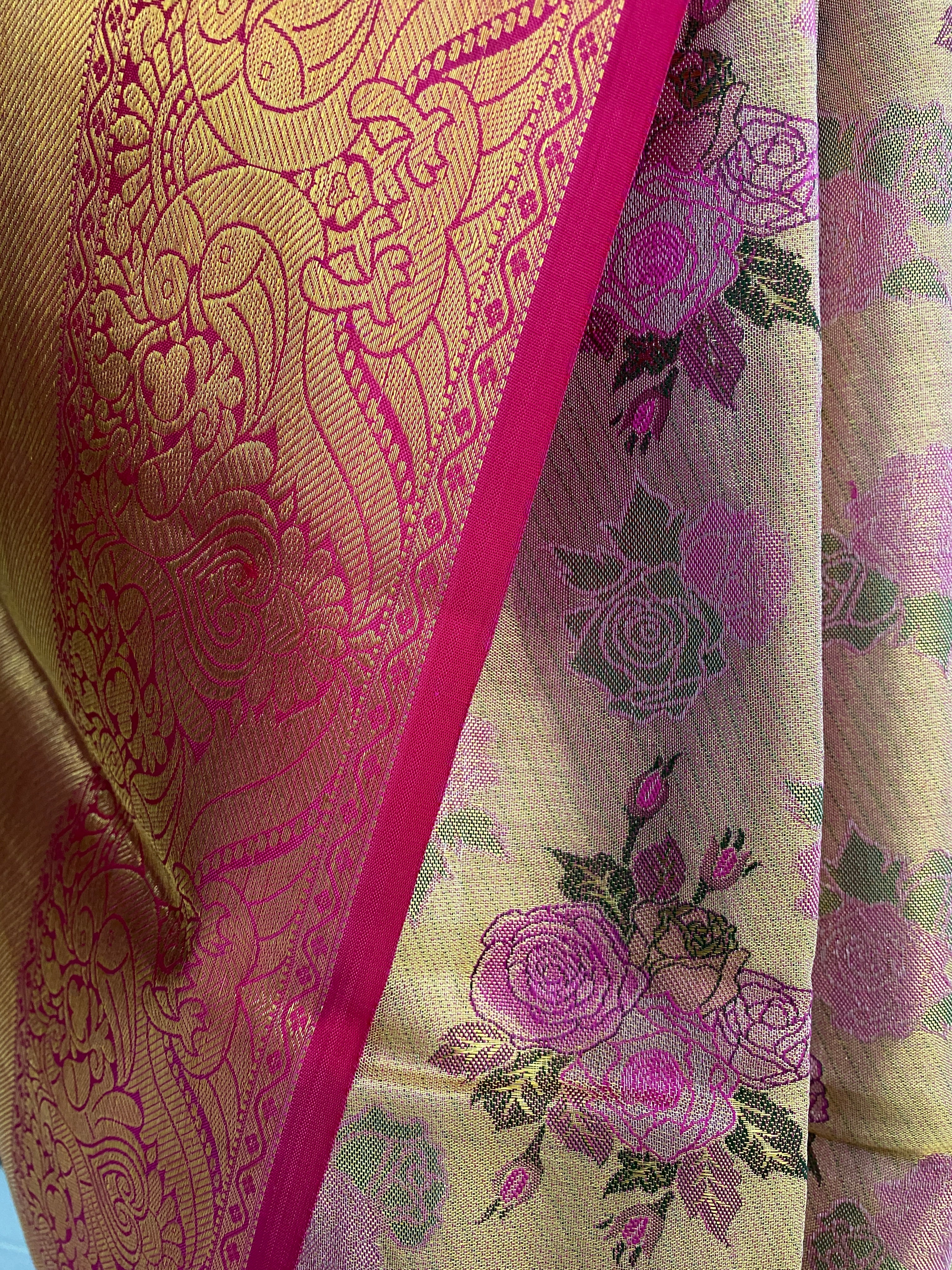 Pink Floral Silk Saree With Thick Gold Zari Border
