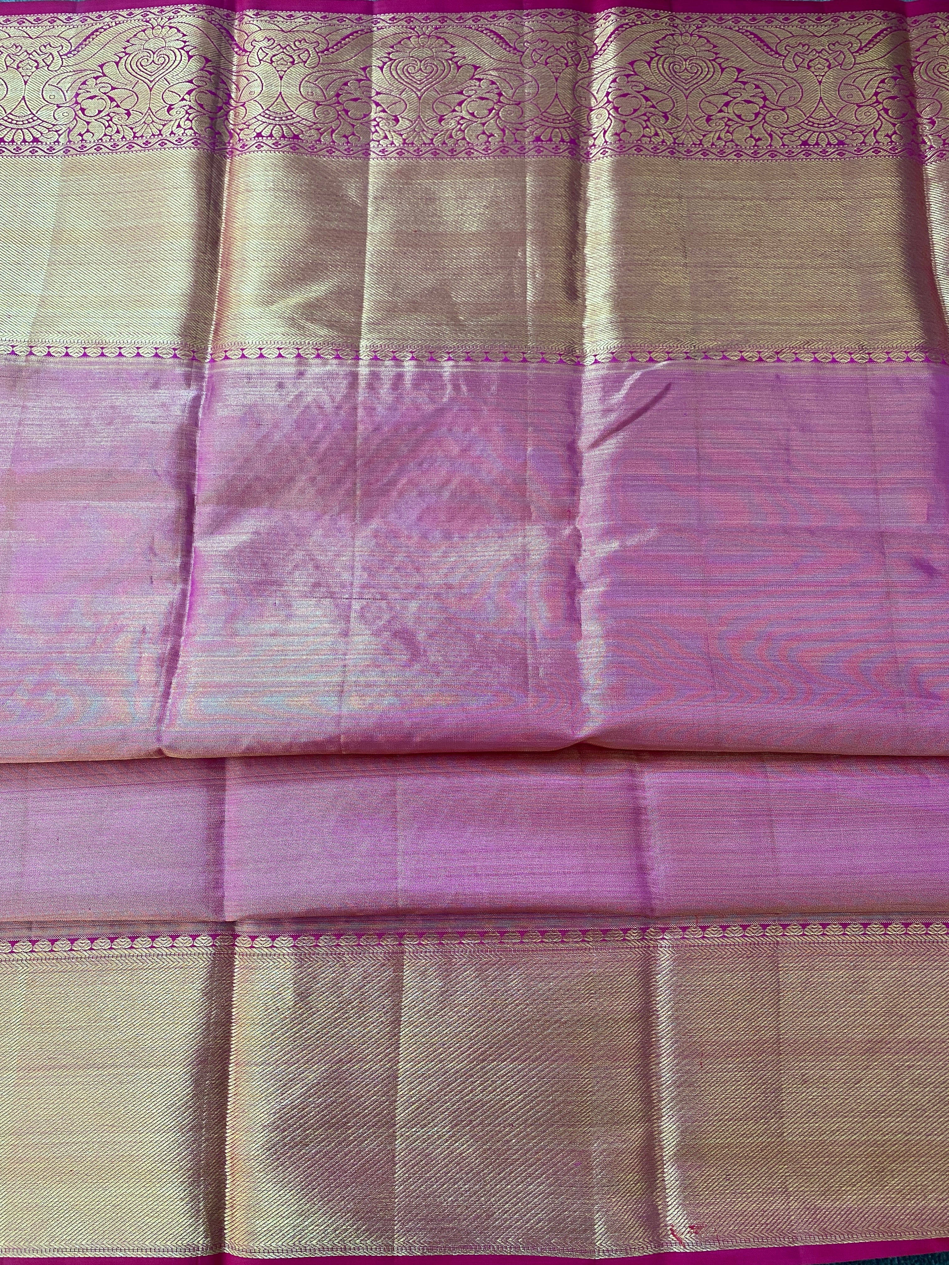 Pink Floral Silk Saree With Thick Gold Zari Border