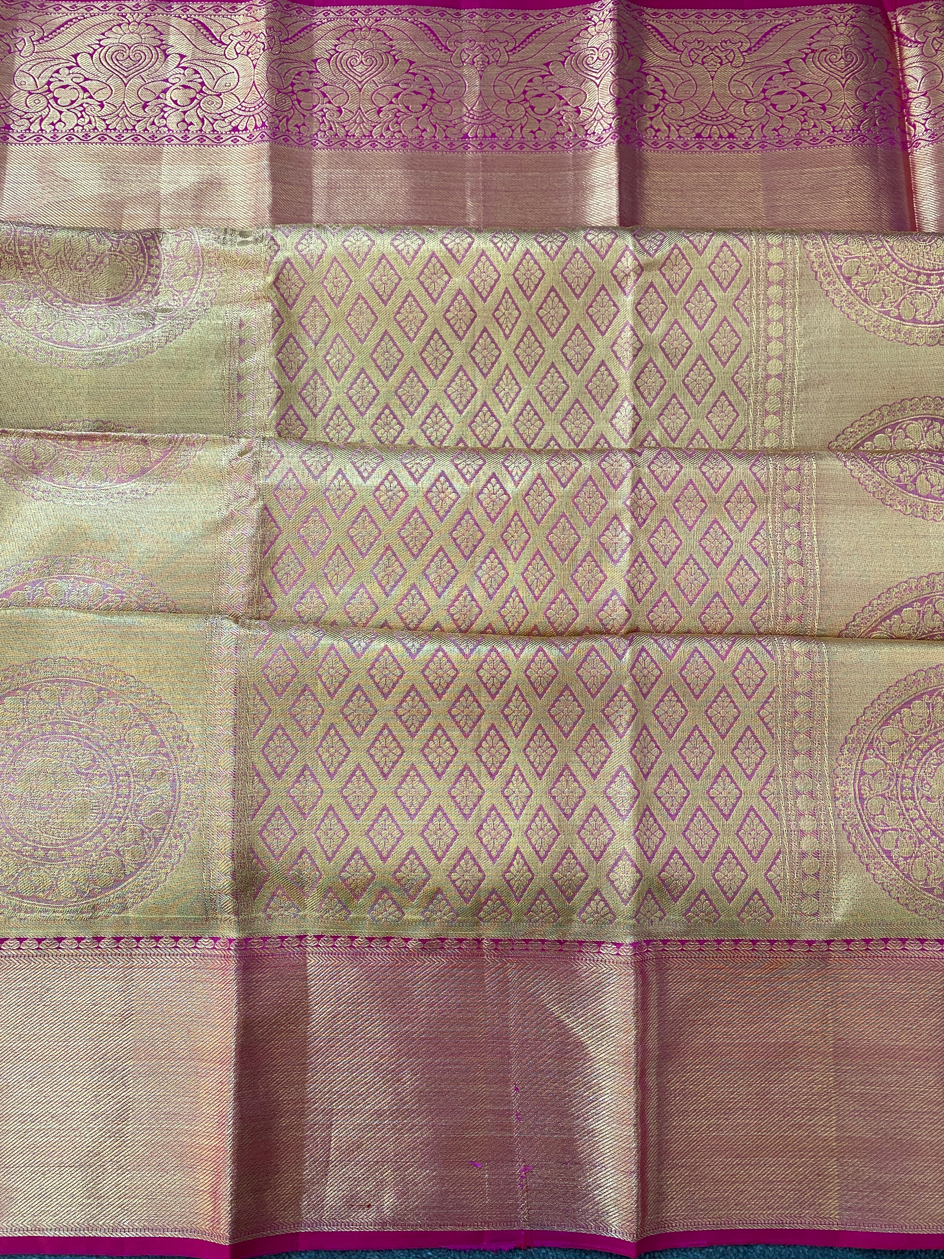 Pink Floral Silk Saree With Thick Gold Zari Border