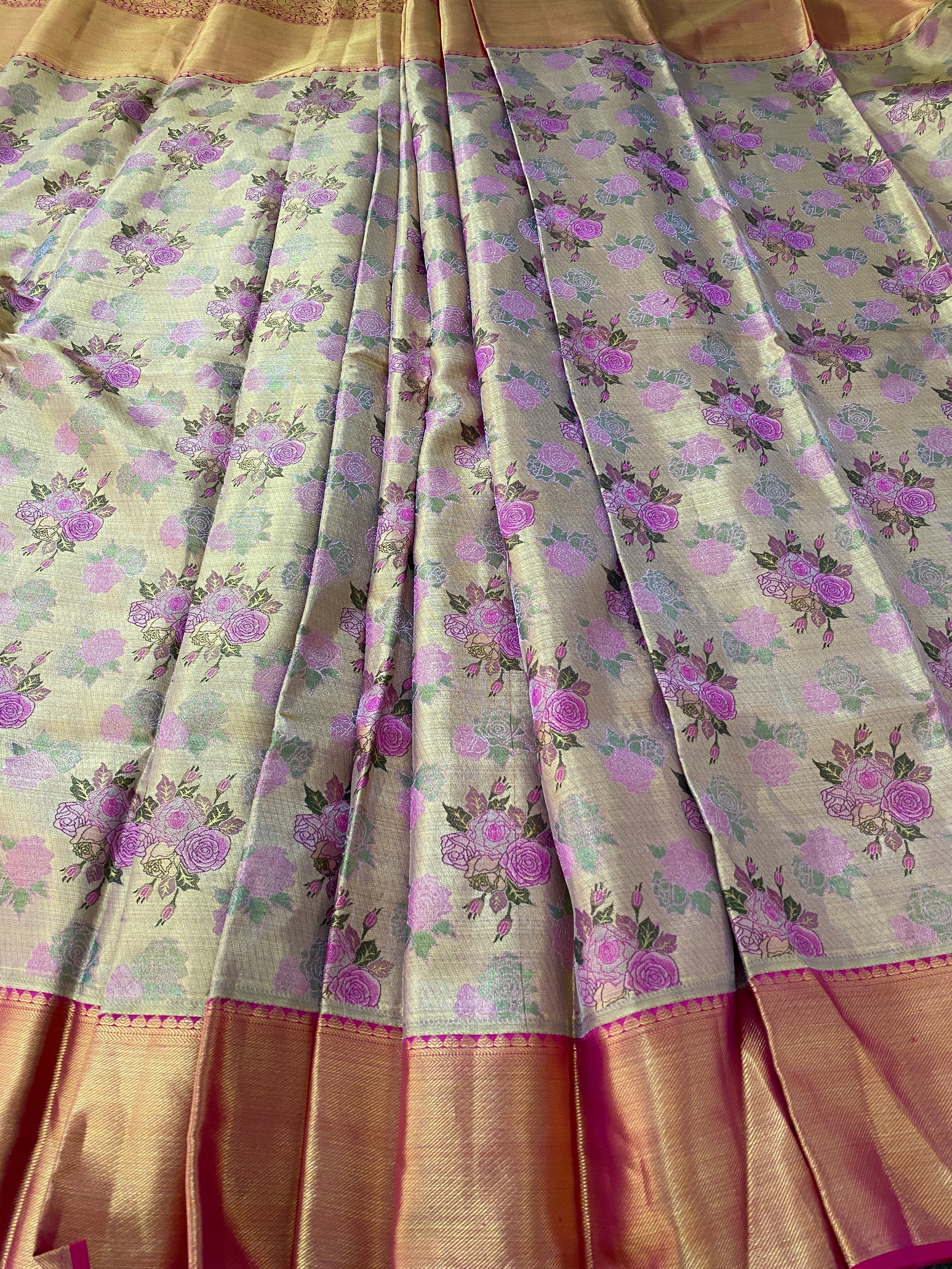 Pink Floral Silk Saree With Thick Gold Zari Border