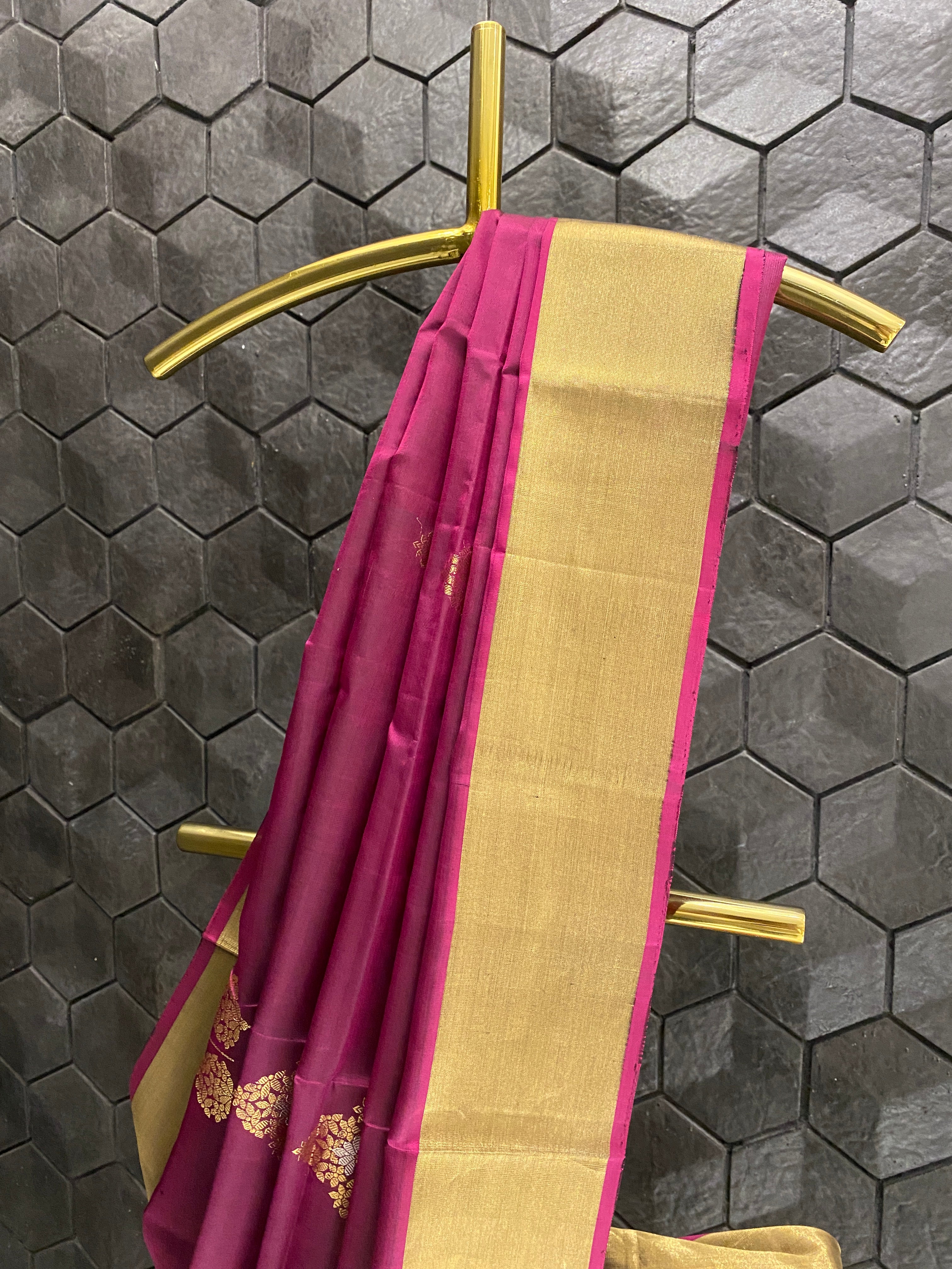 Violet silk saree with golden zari border
