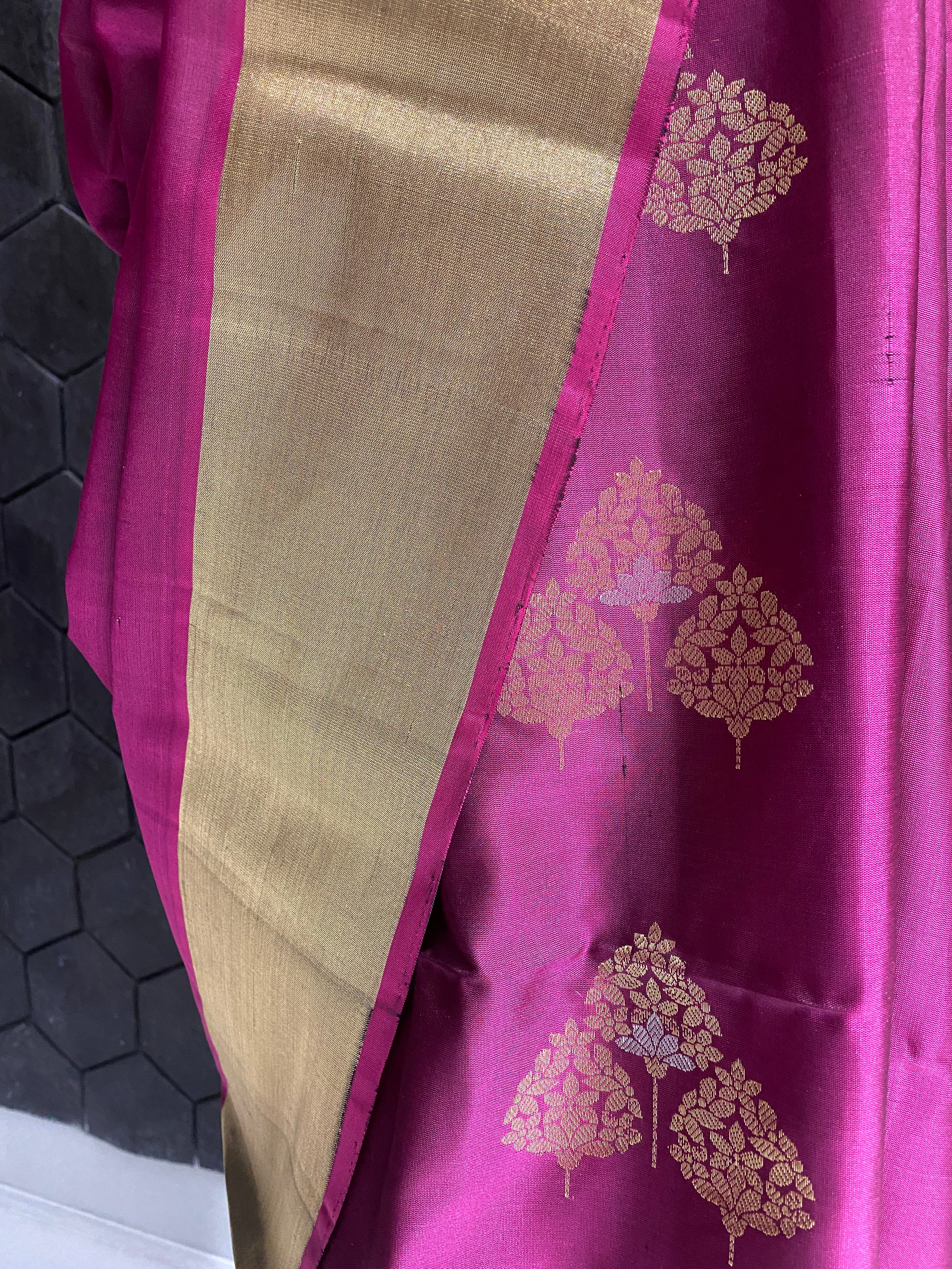 Violet silk saree with golden zari border