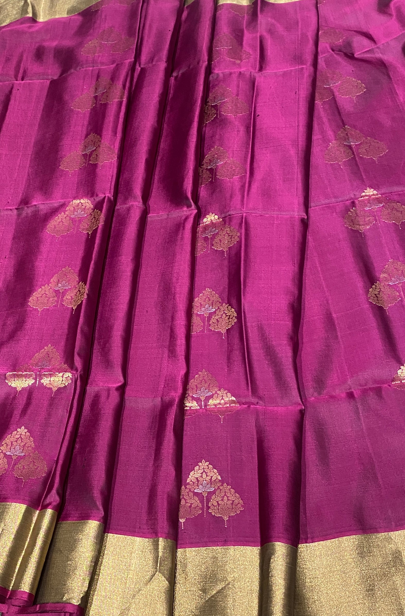 Violet silk saree with golden zari border