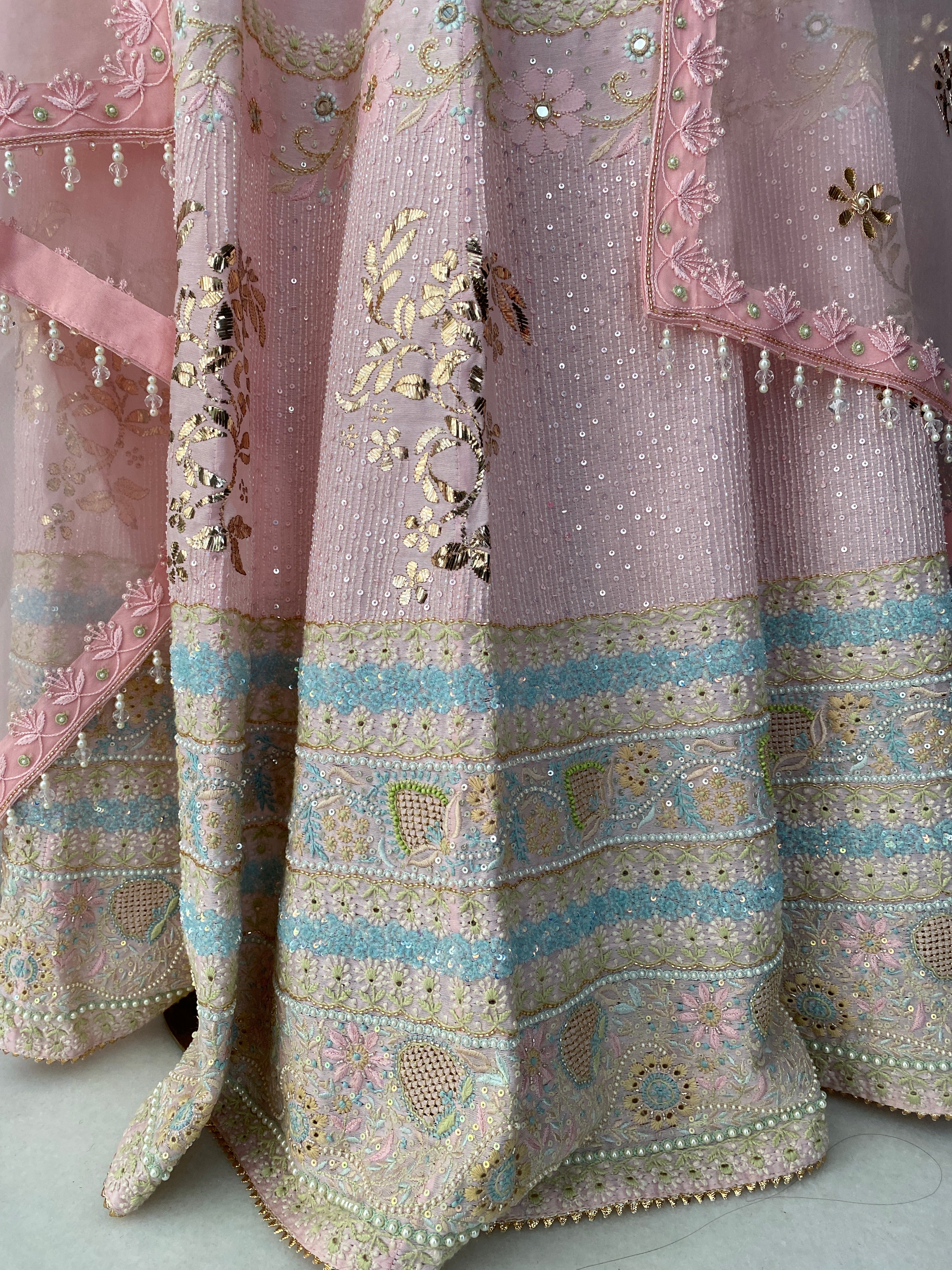 Baby Pink Chikankari lehenga with Pitta embroidery