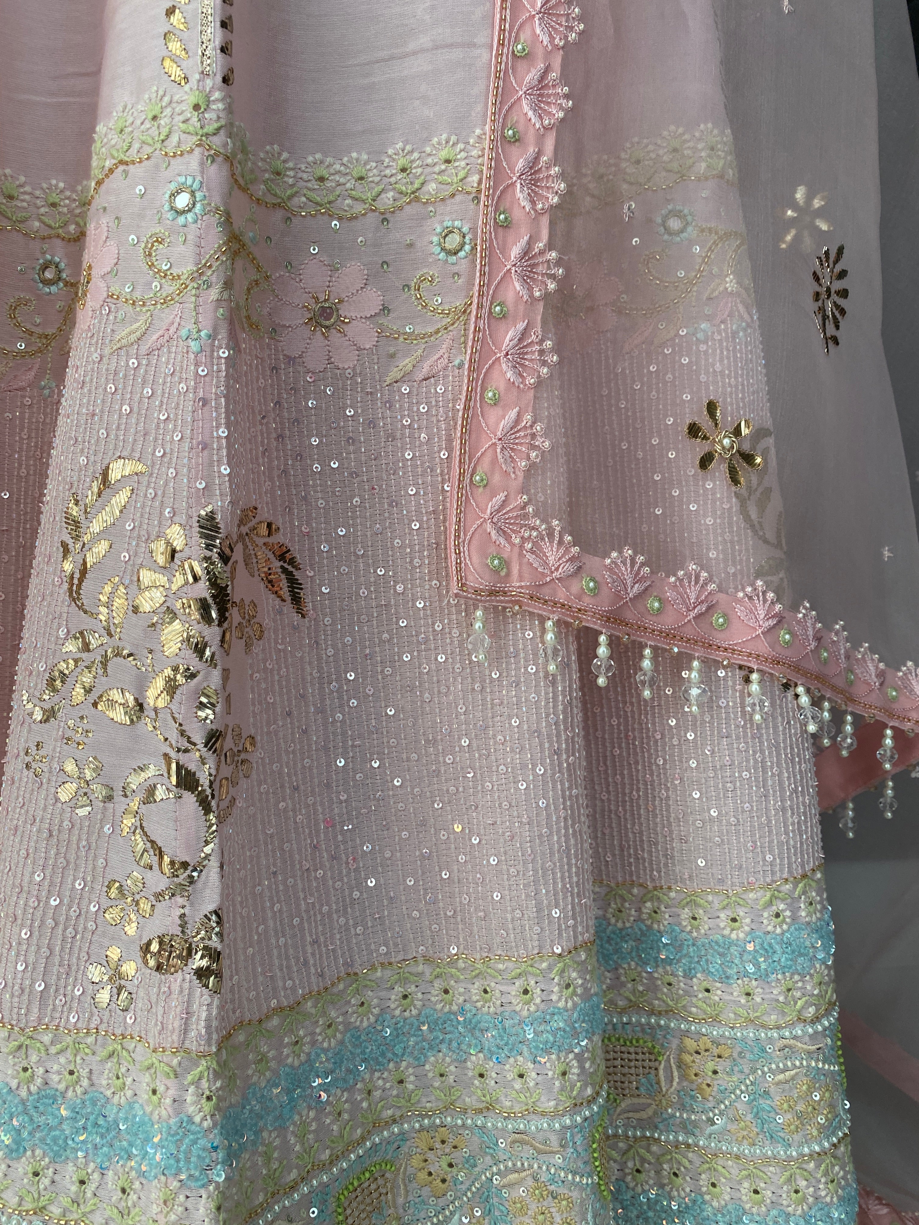 Baby Pink Chikankari lehenga with Pitta embroidery