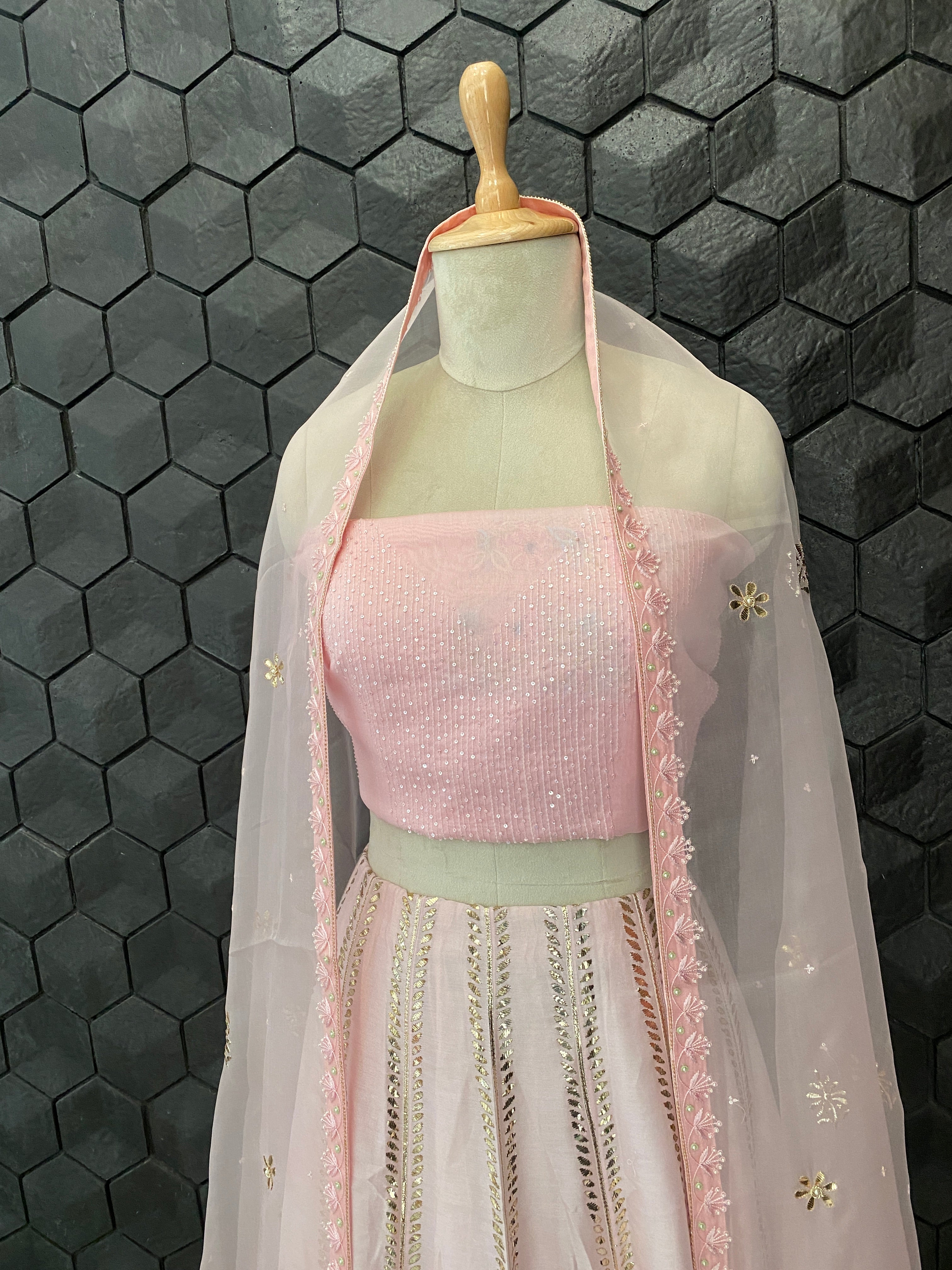 Baby Pink Chikankari lehenga with Pitta embroidery