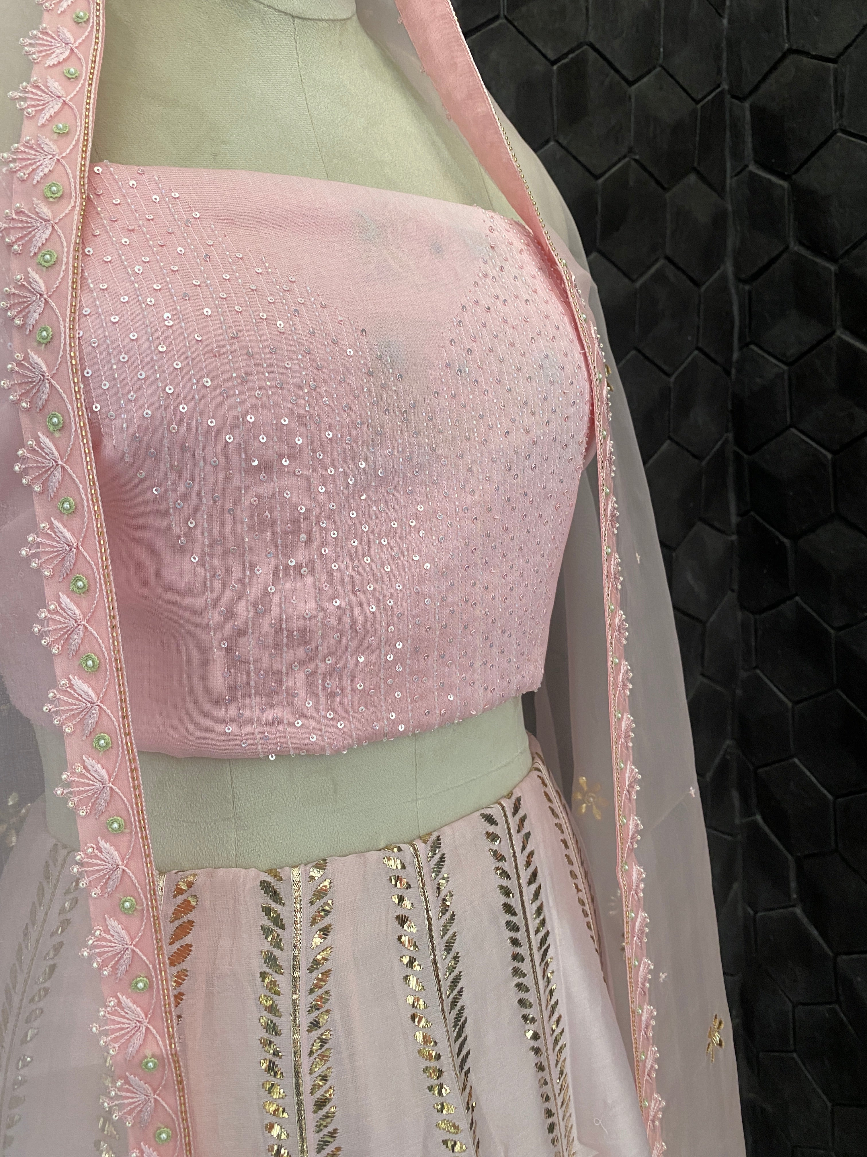 Baby Pink Chikankari lehenga with Pitta embroidery