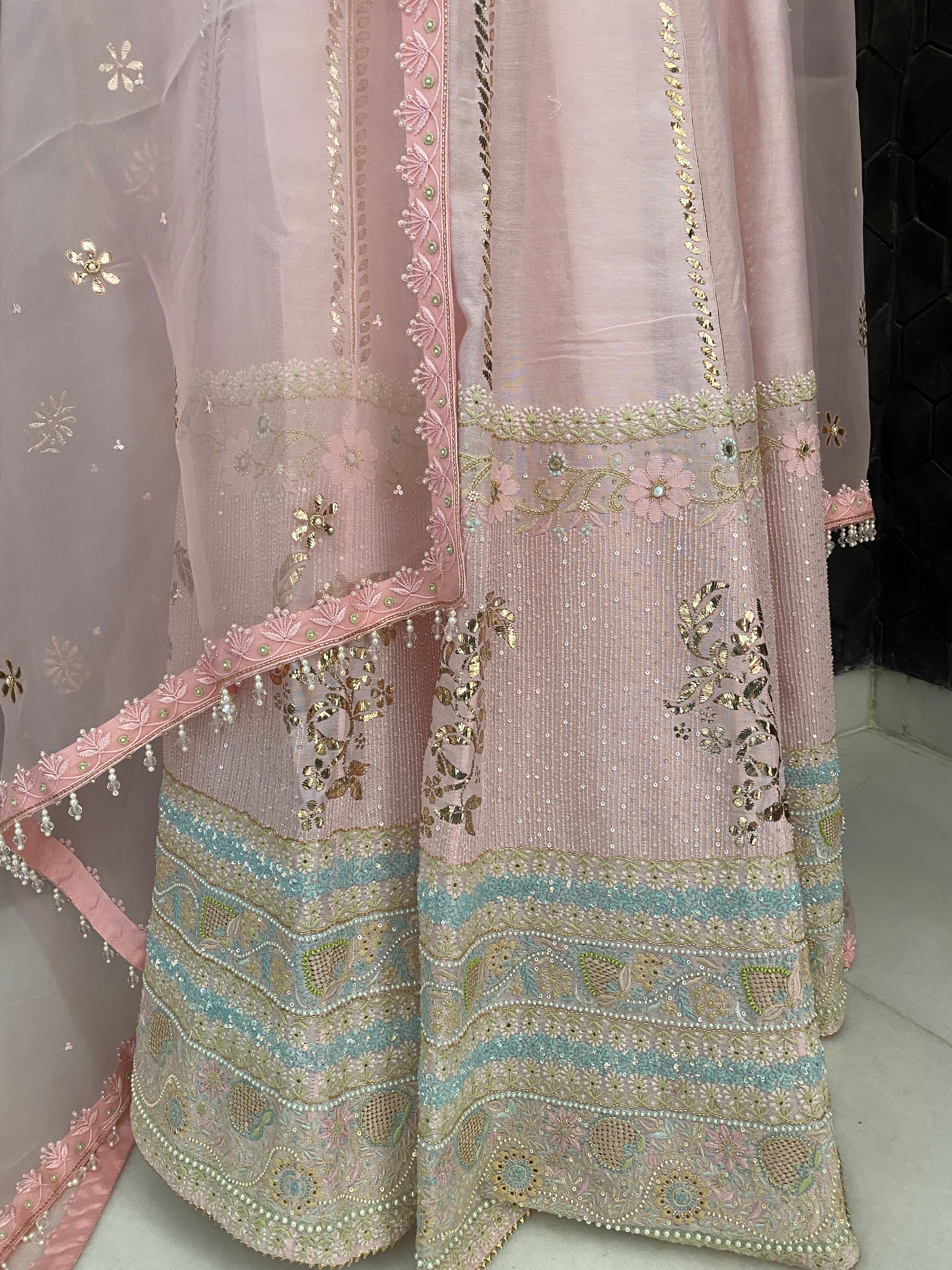 Baby Pink Chikankari lehenga with Pitta embroidery