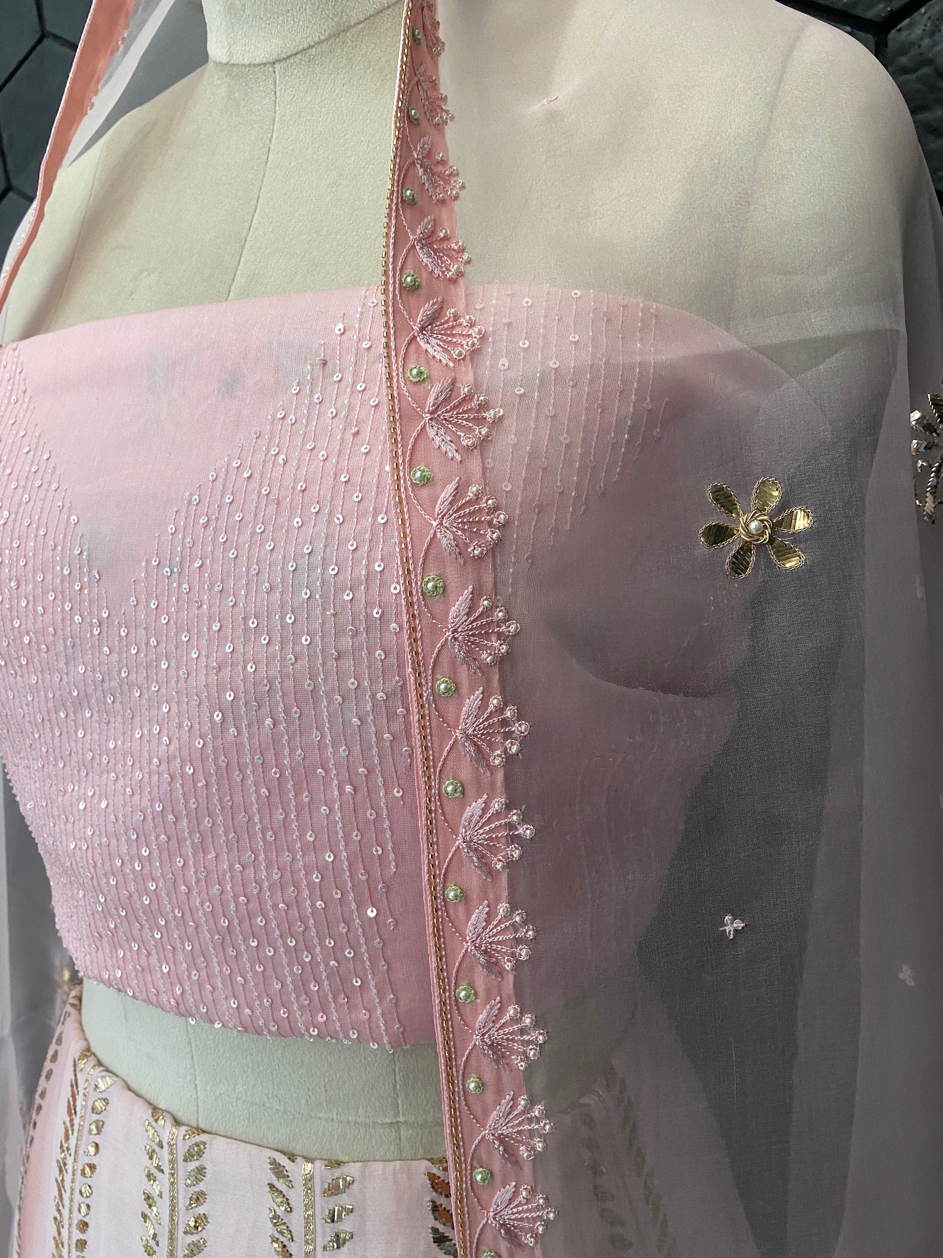 Baby Pink Chikankari lehenga with Pitta embroidery