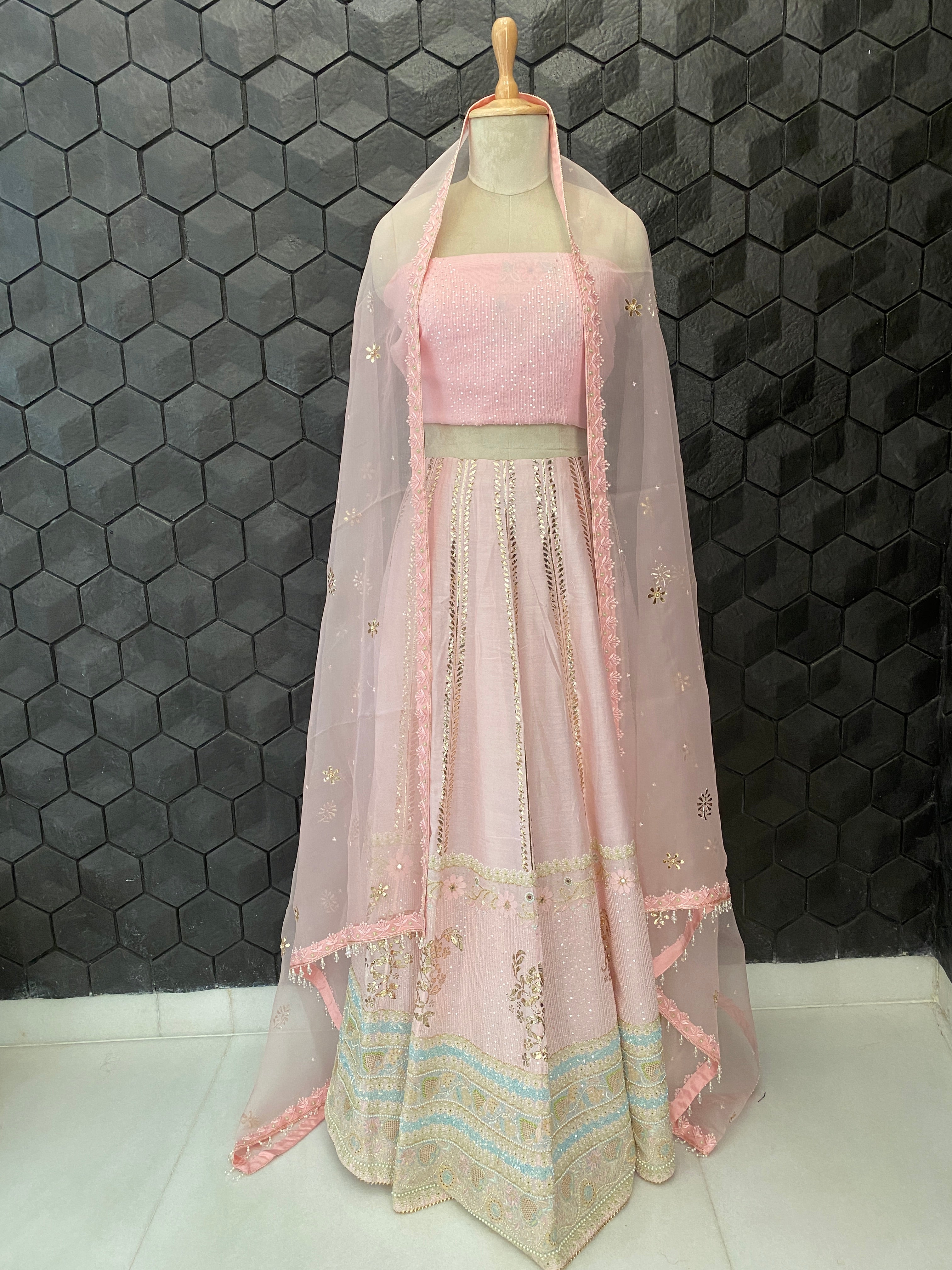 Baby Pink Chikankari lehenga with Pitta embroidery