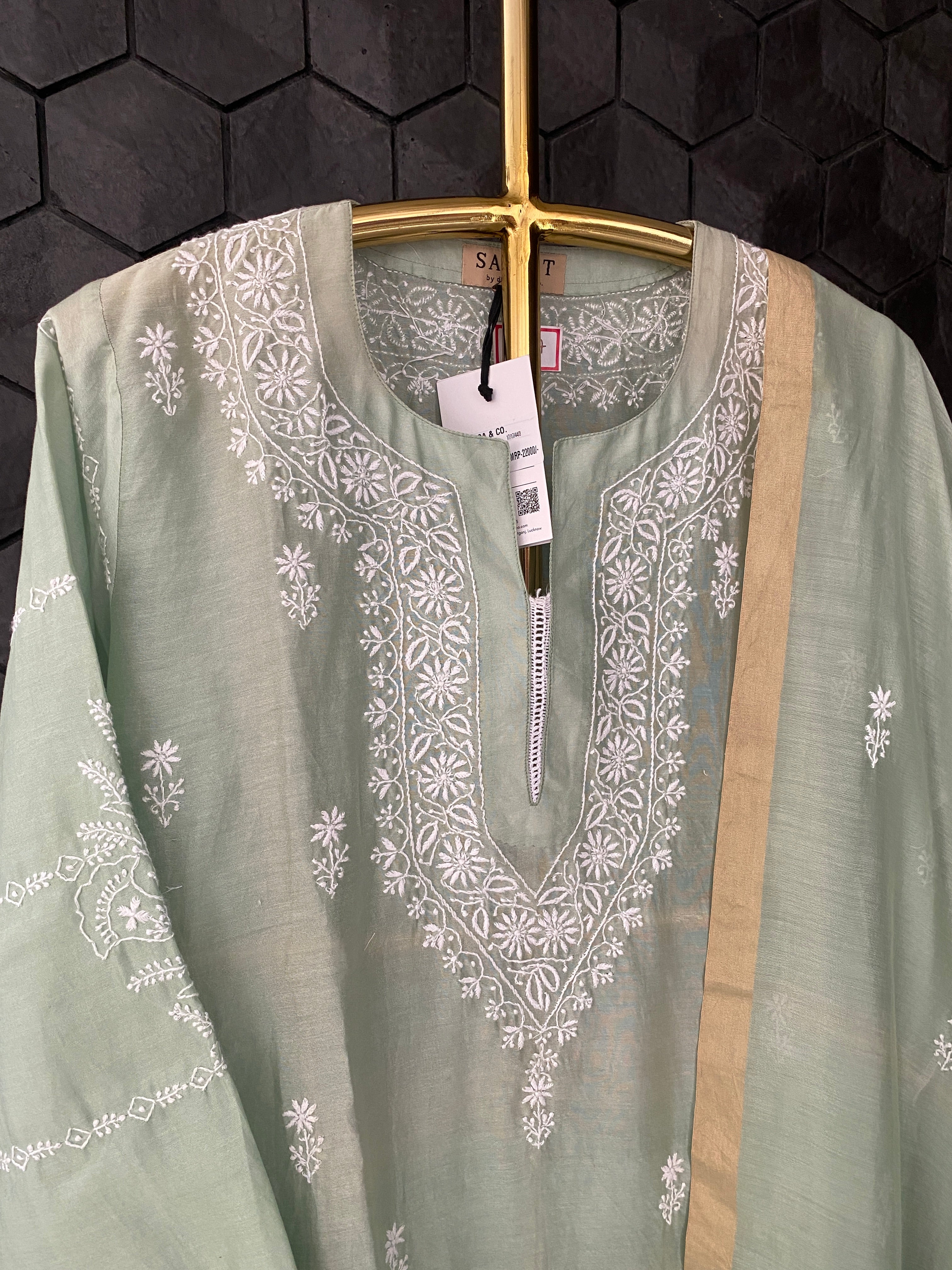 Aqua Green Chanderi Chikankari Suit Set with Pallazo Pants
