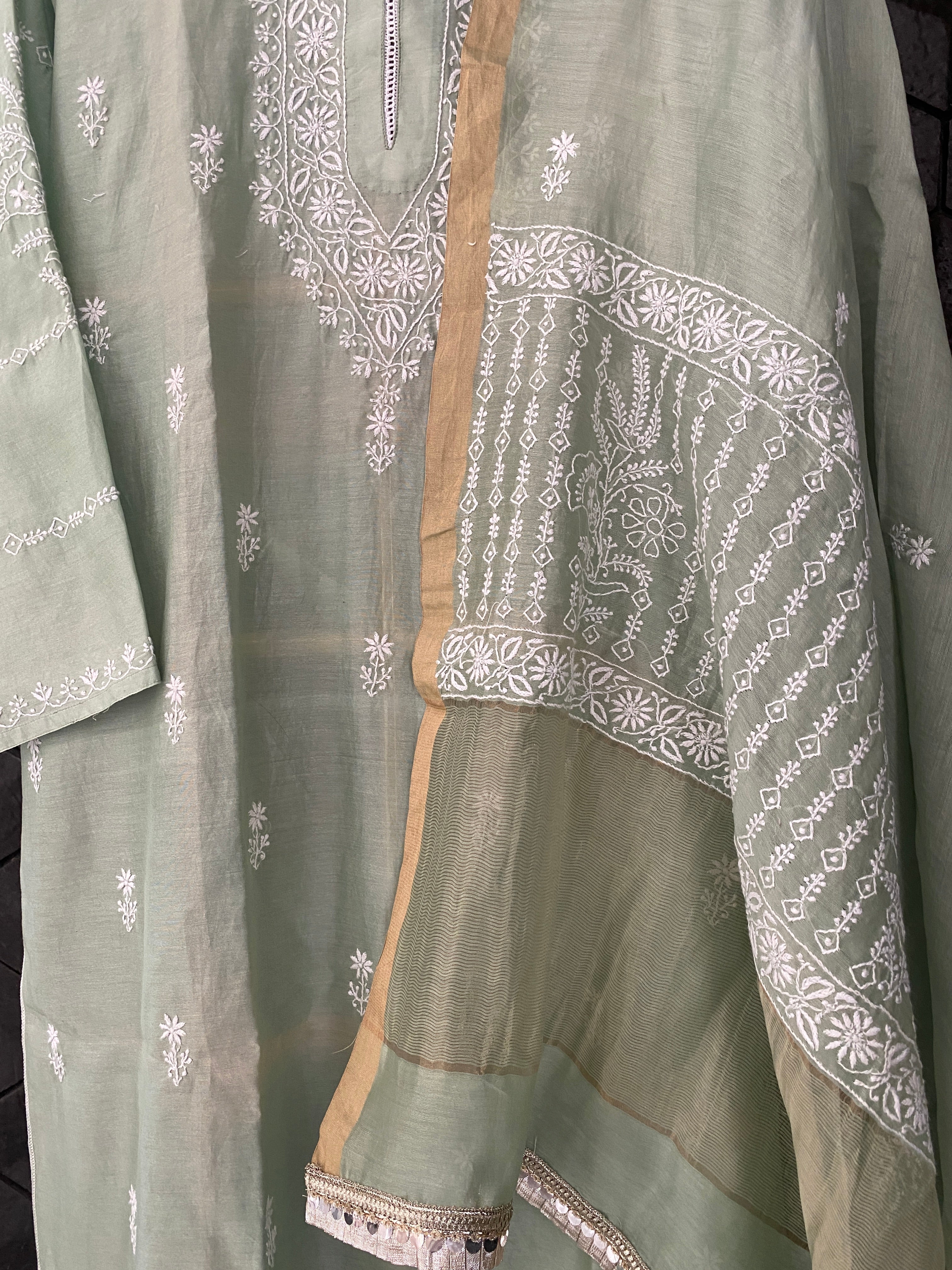 Aqua Green Chanderi Chikankari Suit Set with Pallazo Pants