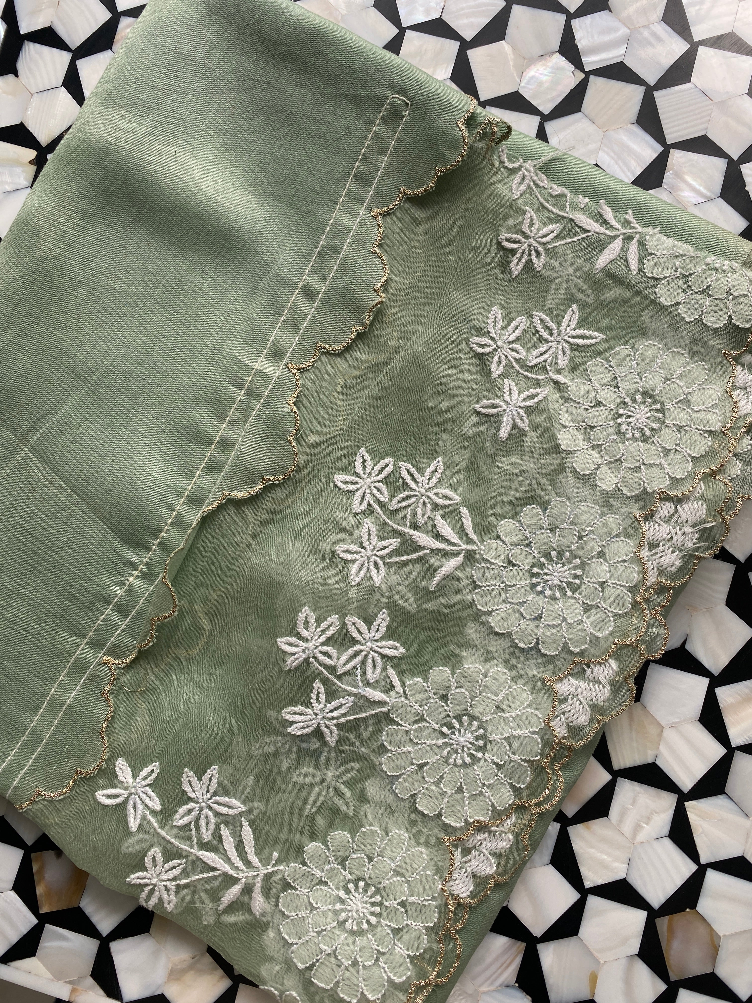Aqua Green Chanderi Chikankari Suit Set with Pallazo Pants