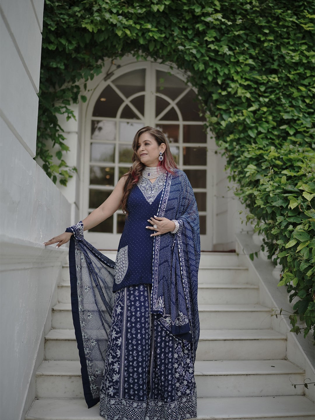 Blue Chikankari Sharara Set with Bandhani dupatta