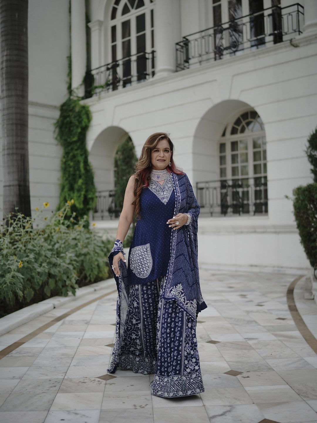 Blue Chikankari Sharara Set with Bandhani dupatta