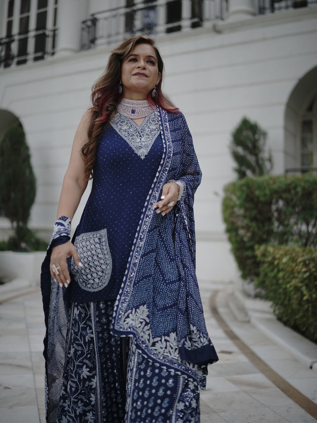 Blue Chikankari Sharara Set with Bandhani dupatta