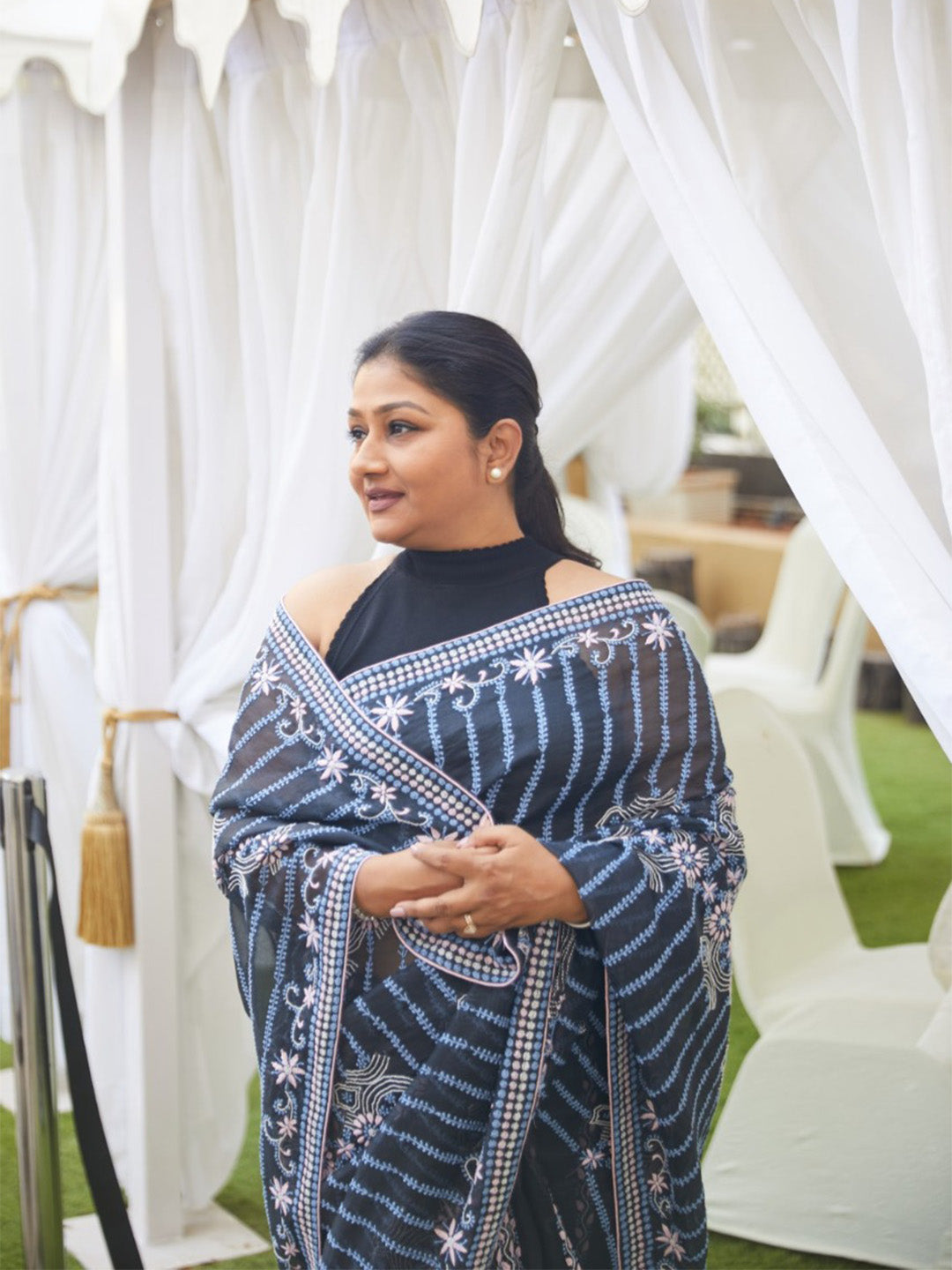 Dolly Jain in our Black Chikankari organza saree