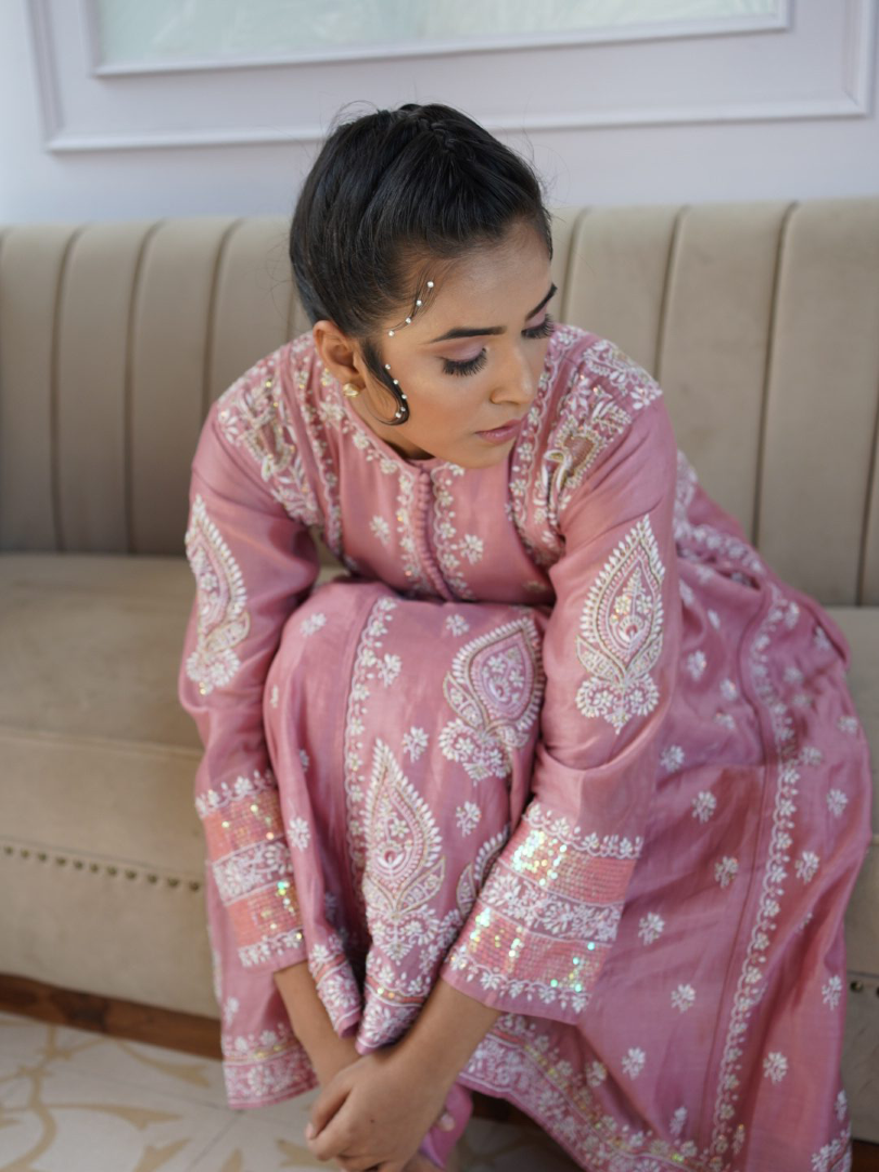 CHANDERI CORAL PINK KURTA WITH LUCKNOWI CHIKANKARI