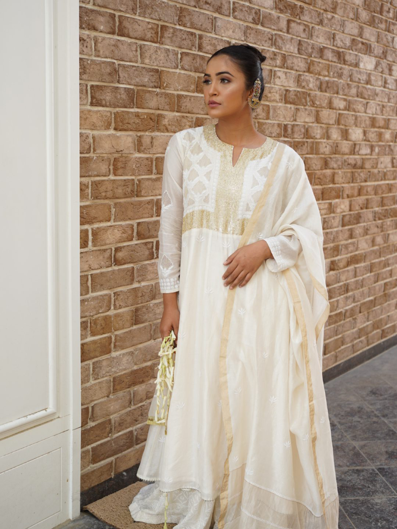 Ivory pure chanderi silk Chikankari anarkali