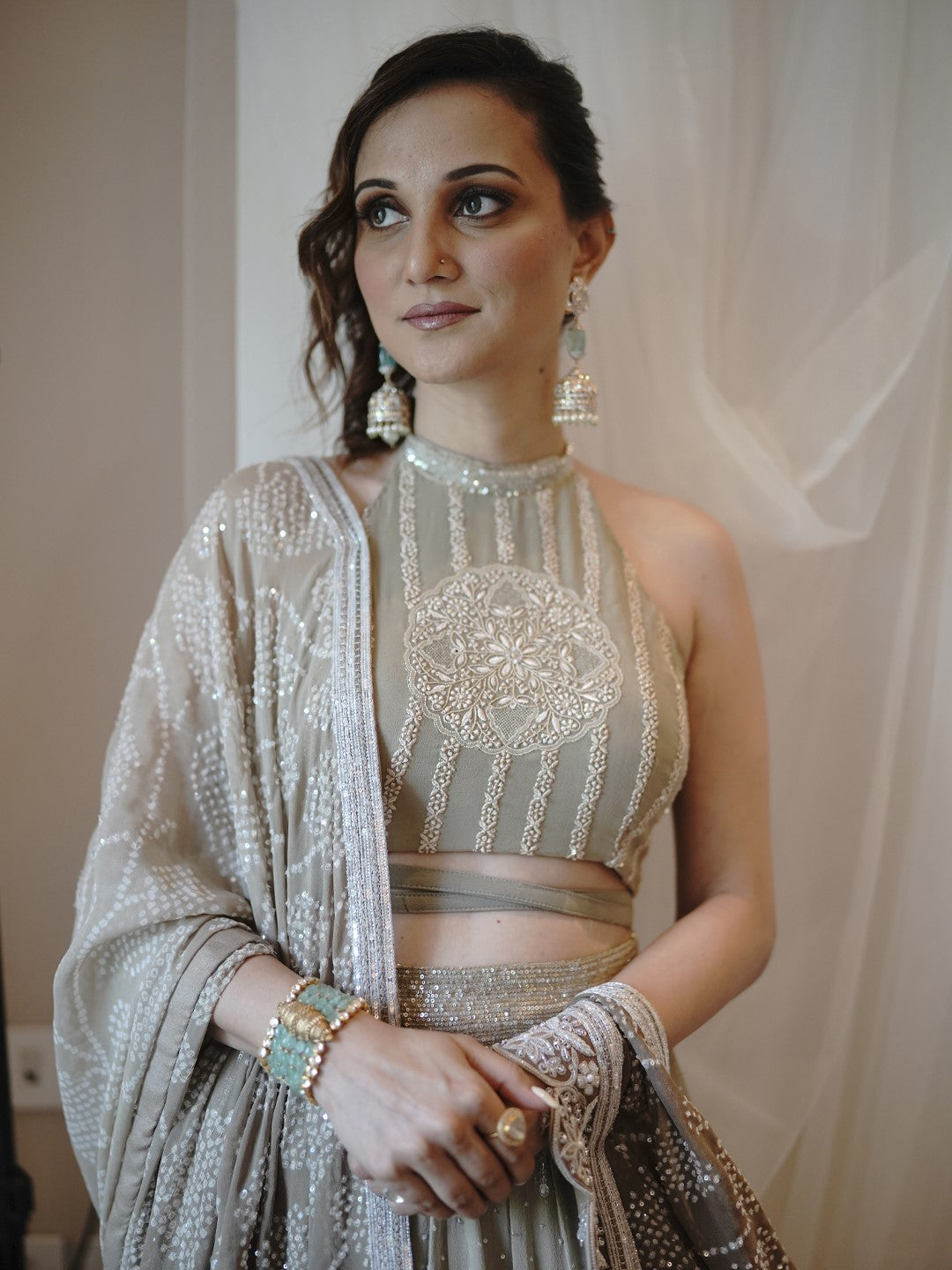 Brown Chikankari Charkha Crop Top Set