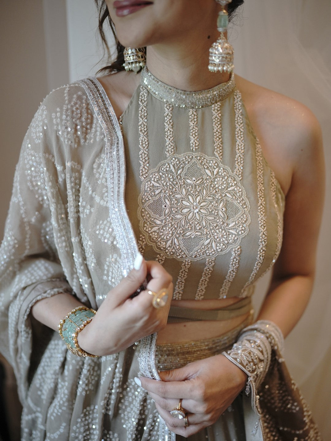 Brown Chikankari Charkha Crop Top Set