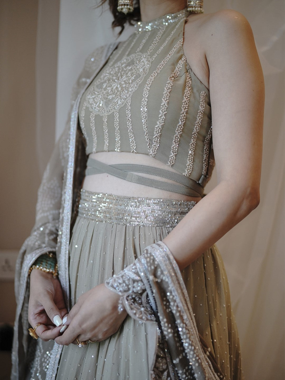 Brown Chikankari Charkha Crop Top Set