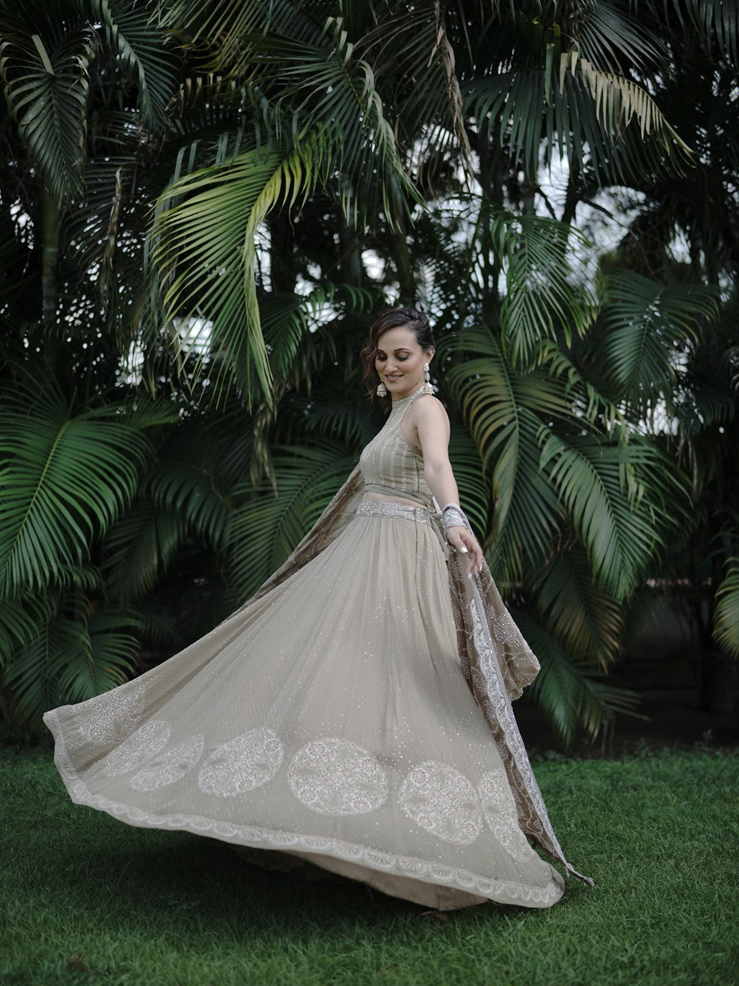 Brown Chikankari Charkha Crop Top Set
