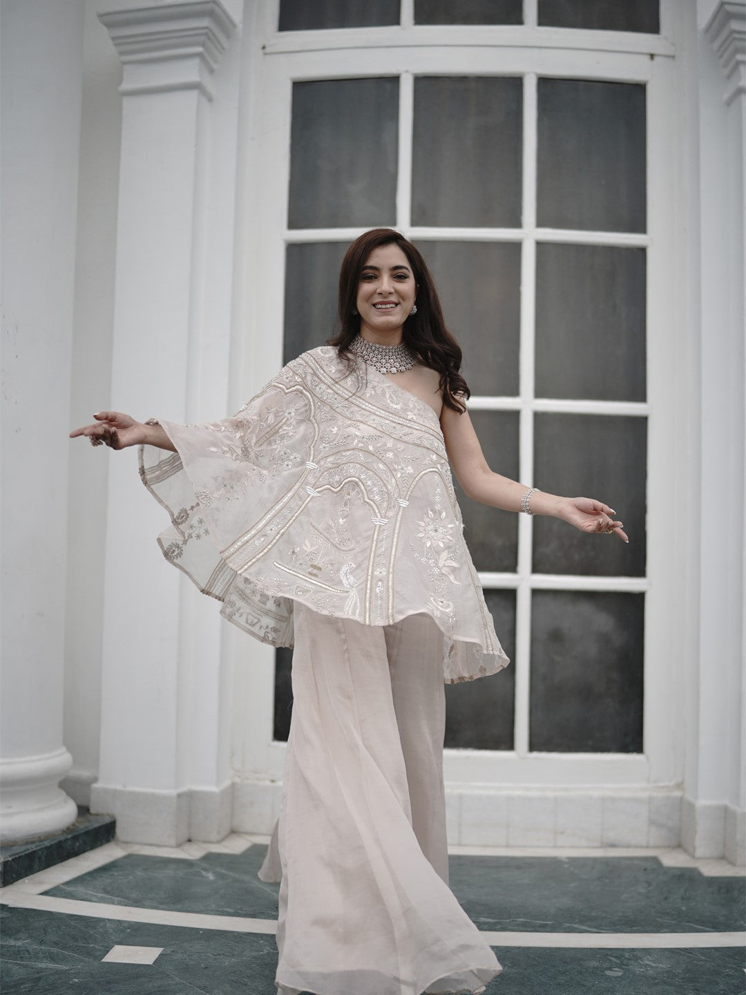 Premium One Shoulder Indo-Western Sharara set with Chikankari and Zardozi Premium One Shoulder Indo-Western Sharara set with Chikankari and Zardozi