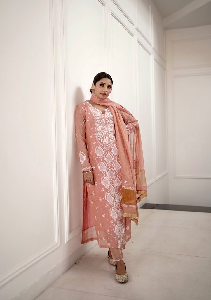 PEACH TISSUE CHIKANKARI SUIT WITH DUPATTA