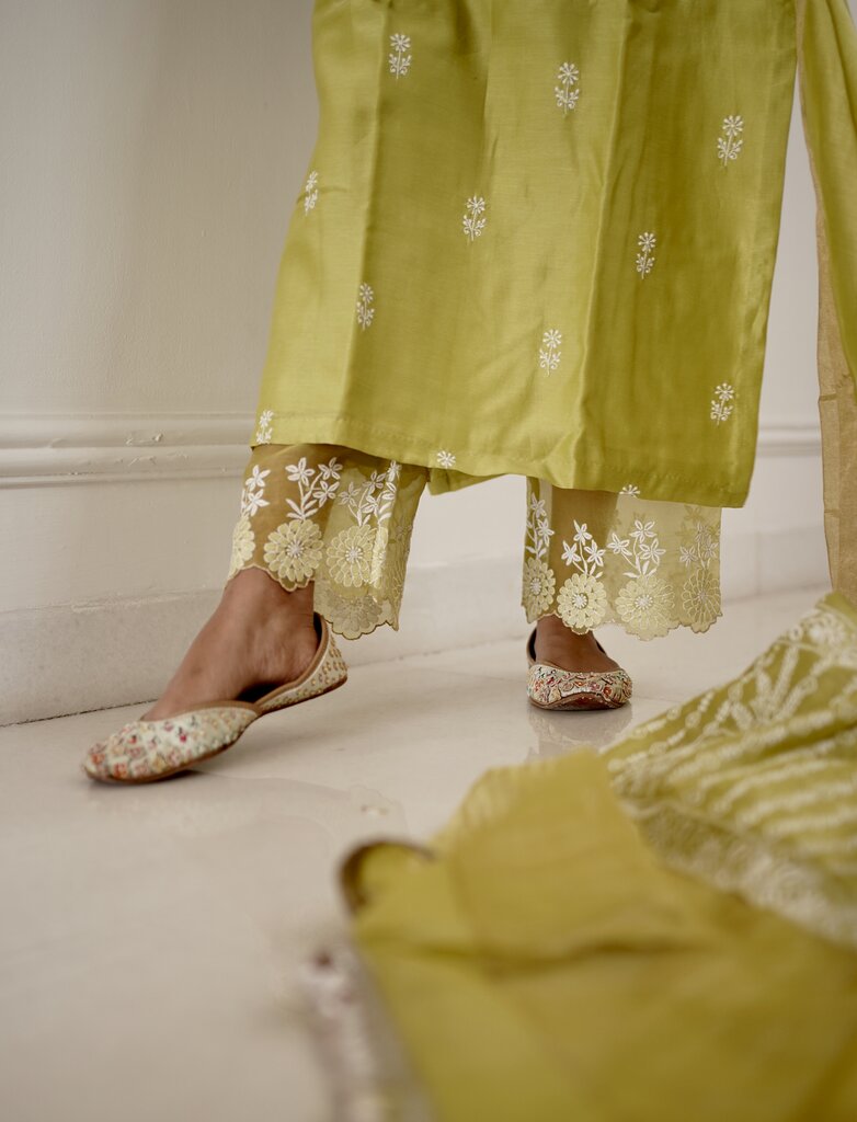 Lime green chikankari chanderi suit set with dupatta and palazzo pants