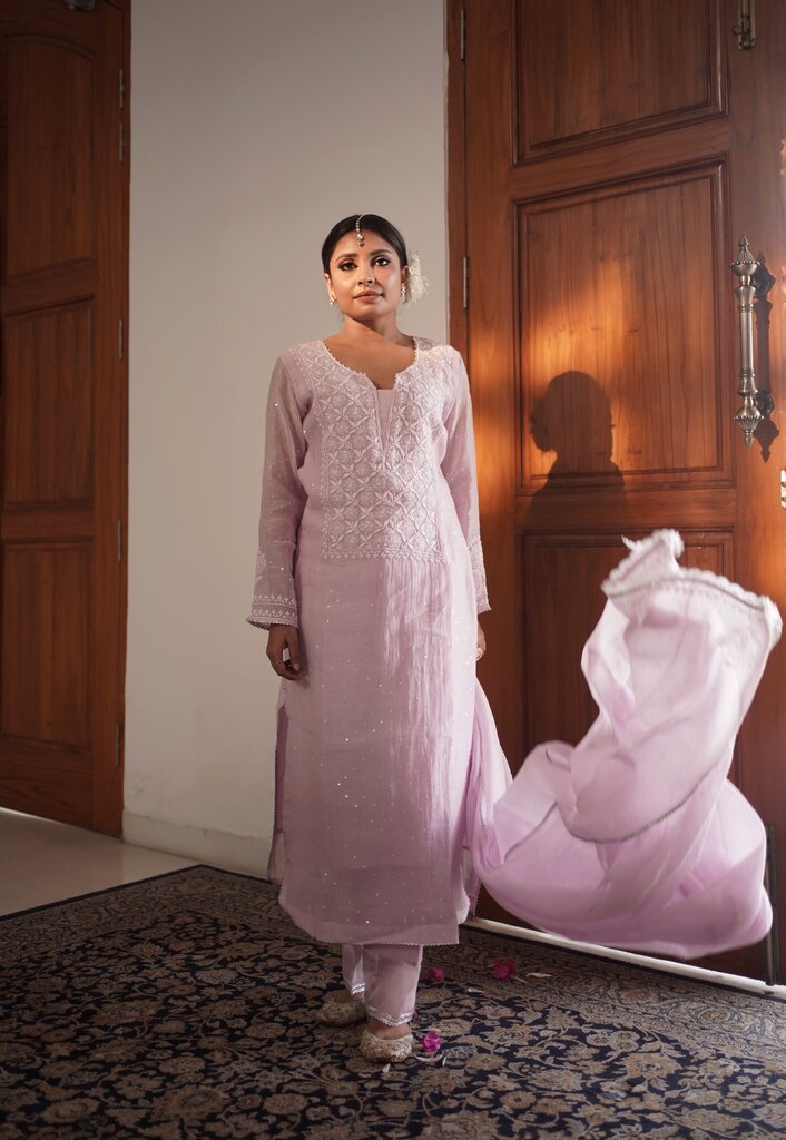 LILAC MUL CHANDERI CHIKANKARI SUIT SET