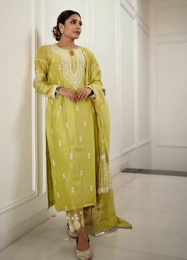 Lime green chikankari chanderi suit set with dupatta and palazzo pants
