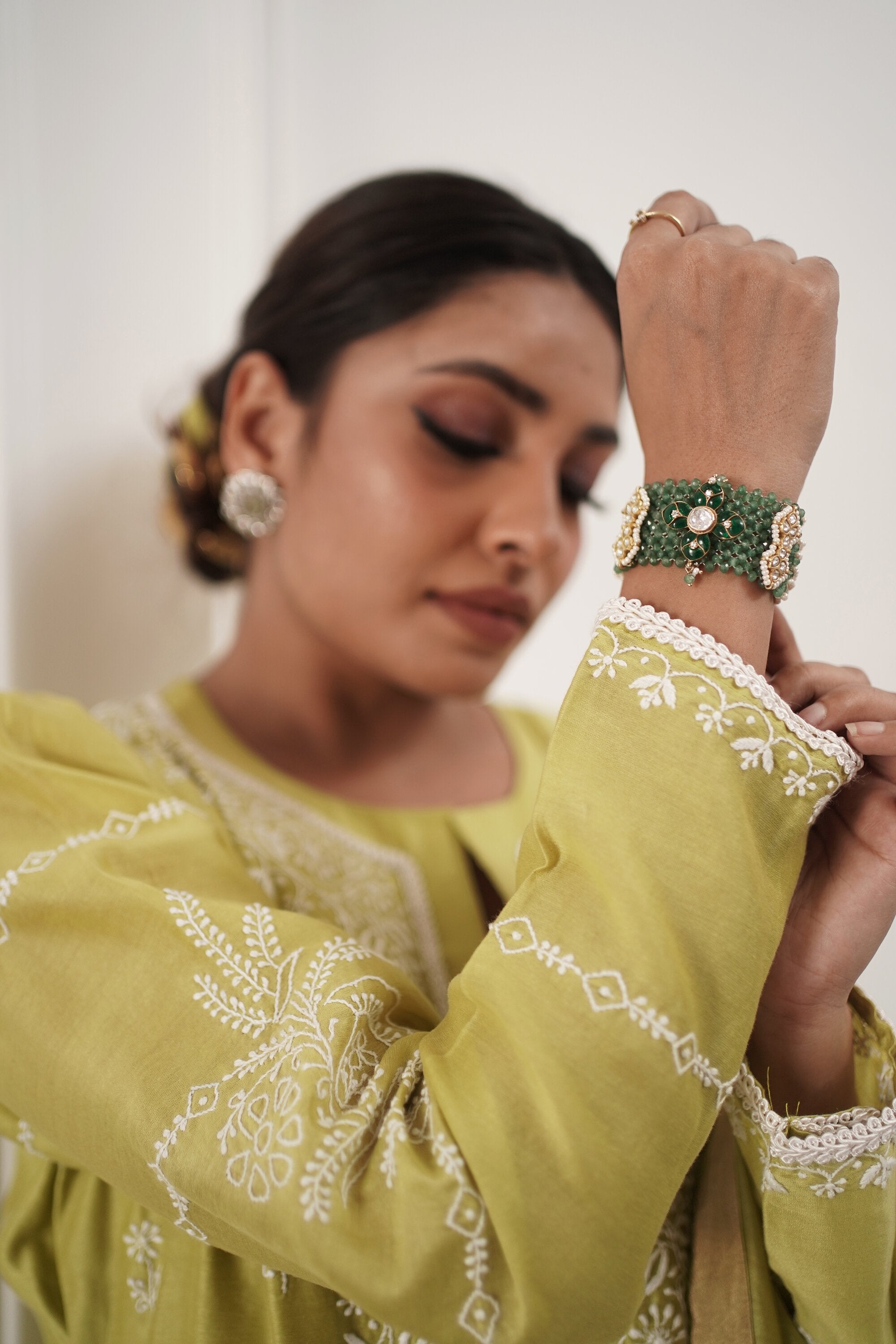 Lime green chikankari chanderi suit set with dupatta and palazzo pants