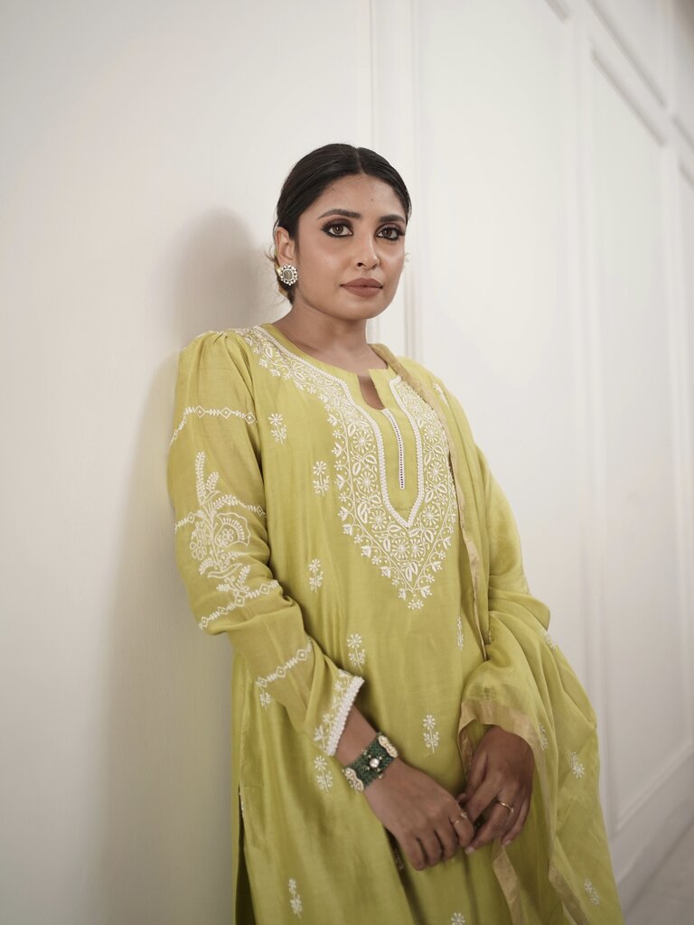 Lime green chikankari chanderi suit set with dupatta and palazzo pants