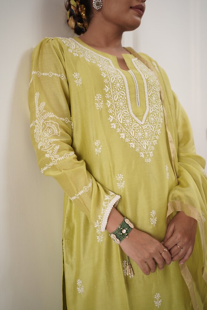 Lime green chikankari chanderi suit set with dupatta and palazzo pants