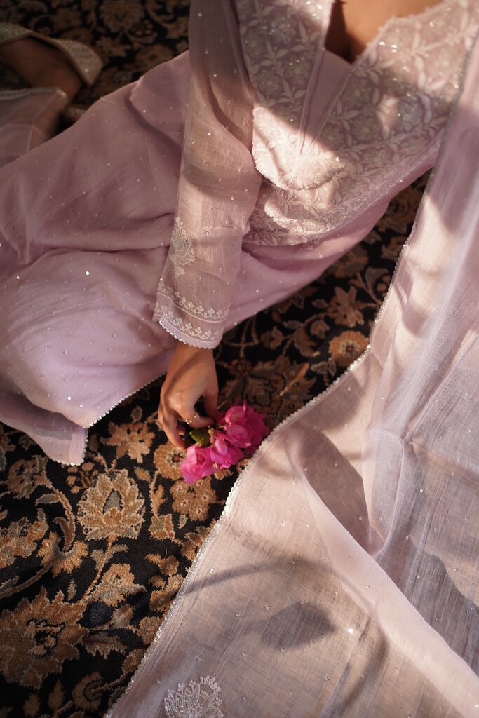 LILAC MUL CHANDERI CHIKANKARI SUIT SET