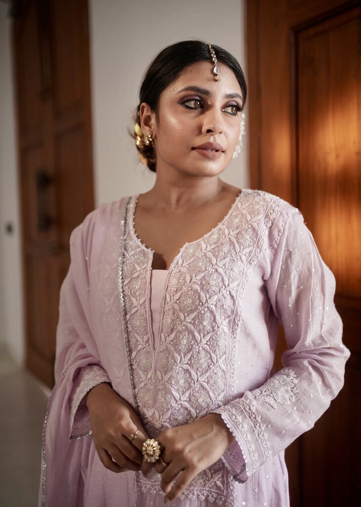 LILAC MUL CHANDERI CHIKANKARI SUIT SET