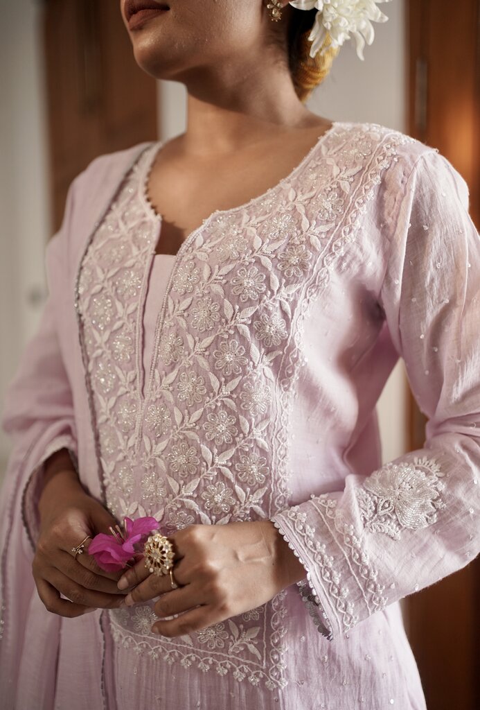 LILAC MUL CHANDERI CHIKANKARI SUIT SET